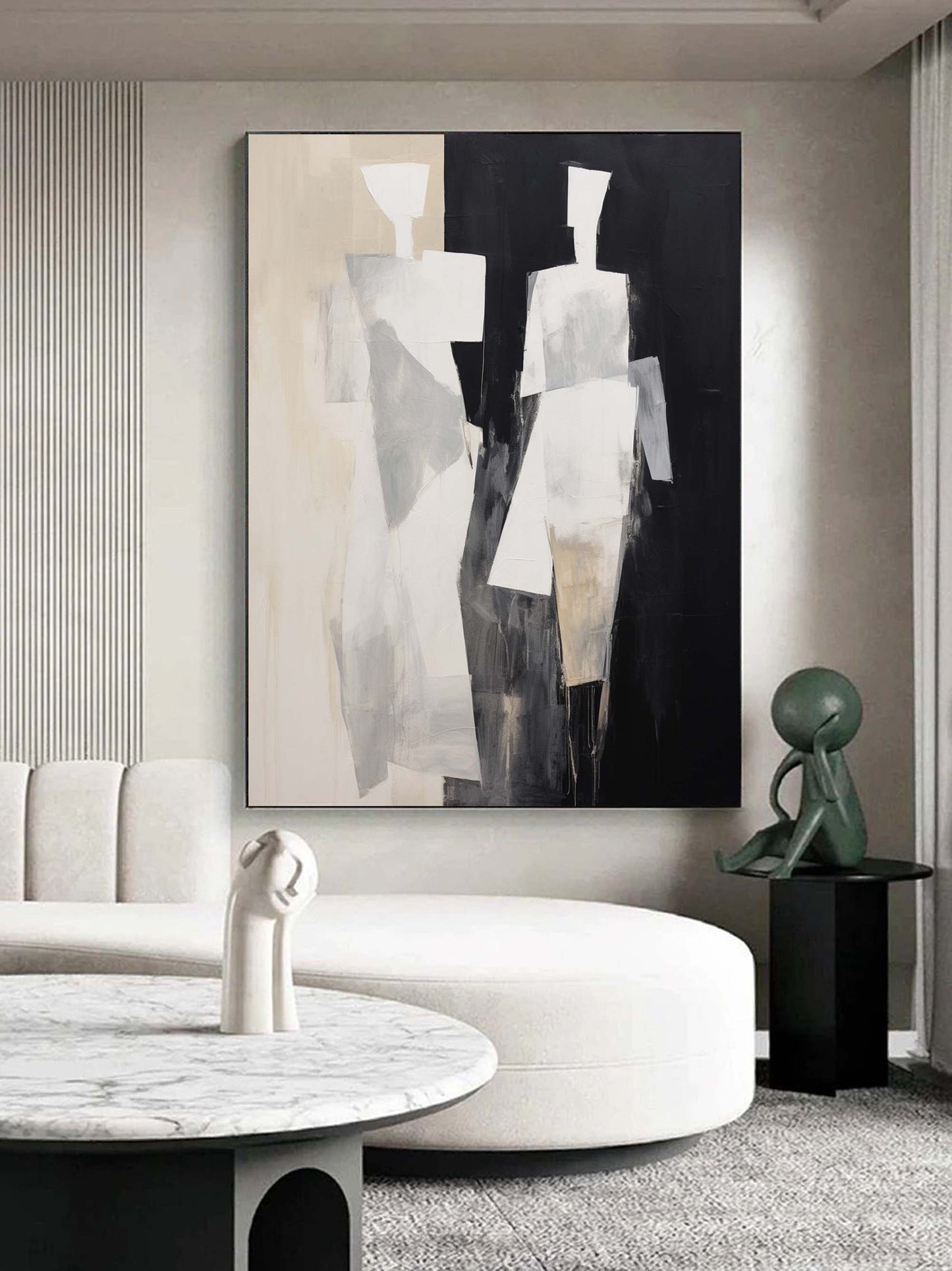 Abstract Black and White Minimalist Oil Painting for Modern Home Decor
