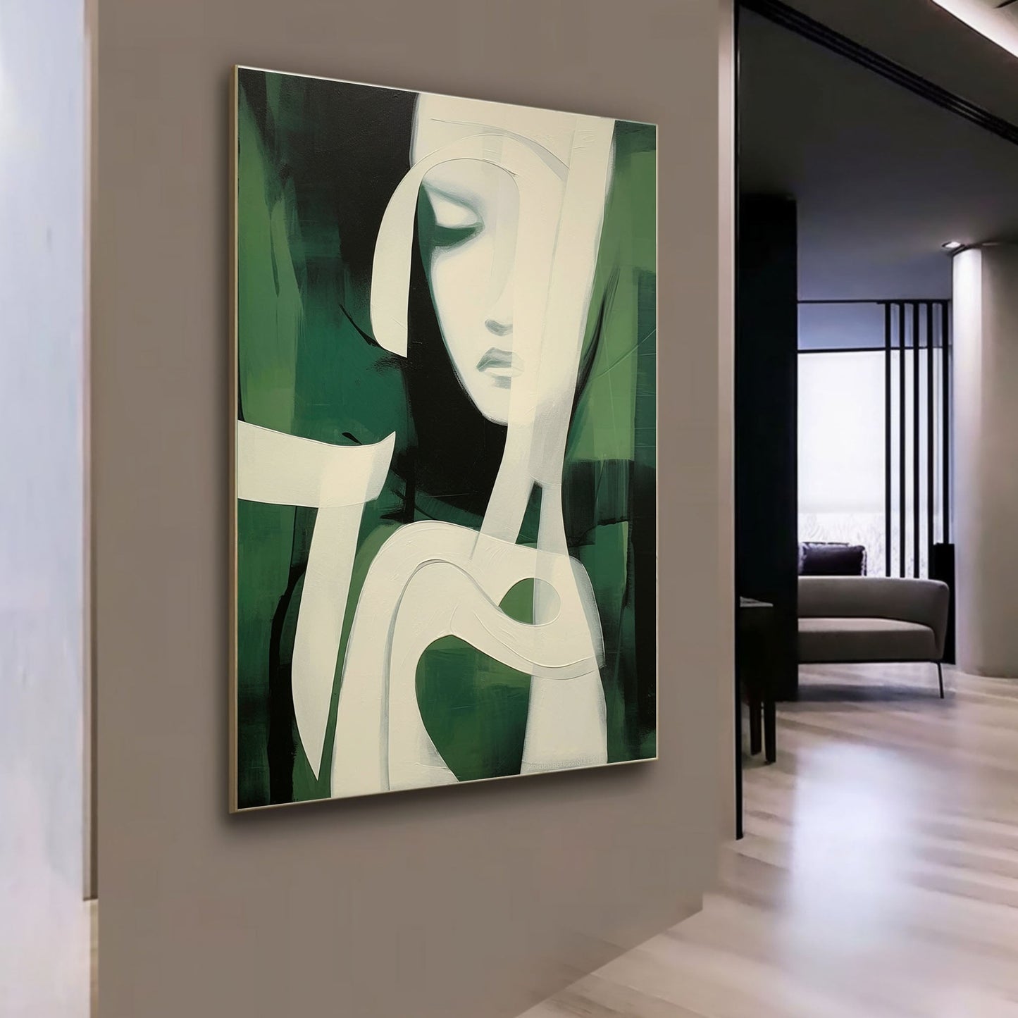 Serene Green Minimalist Oil Painting of Abstract Feminine Form