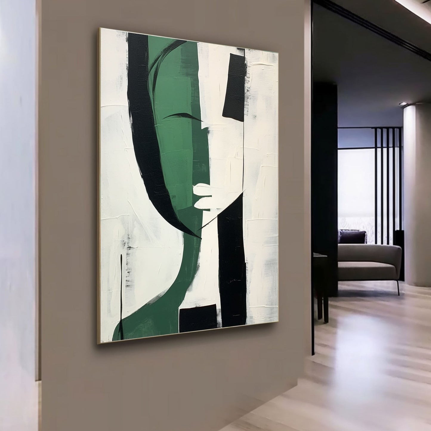 Modern Abstract Green and Black Minimalist Oil Painting for Contemporary Decor