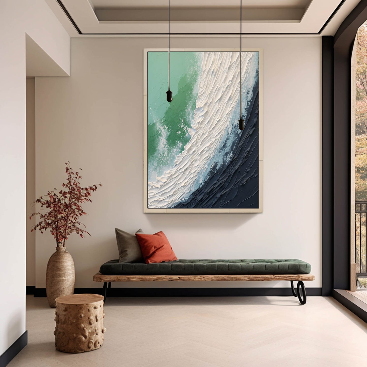 Abstract Ocean Wave Oil Painting with Textured Plaster Finish