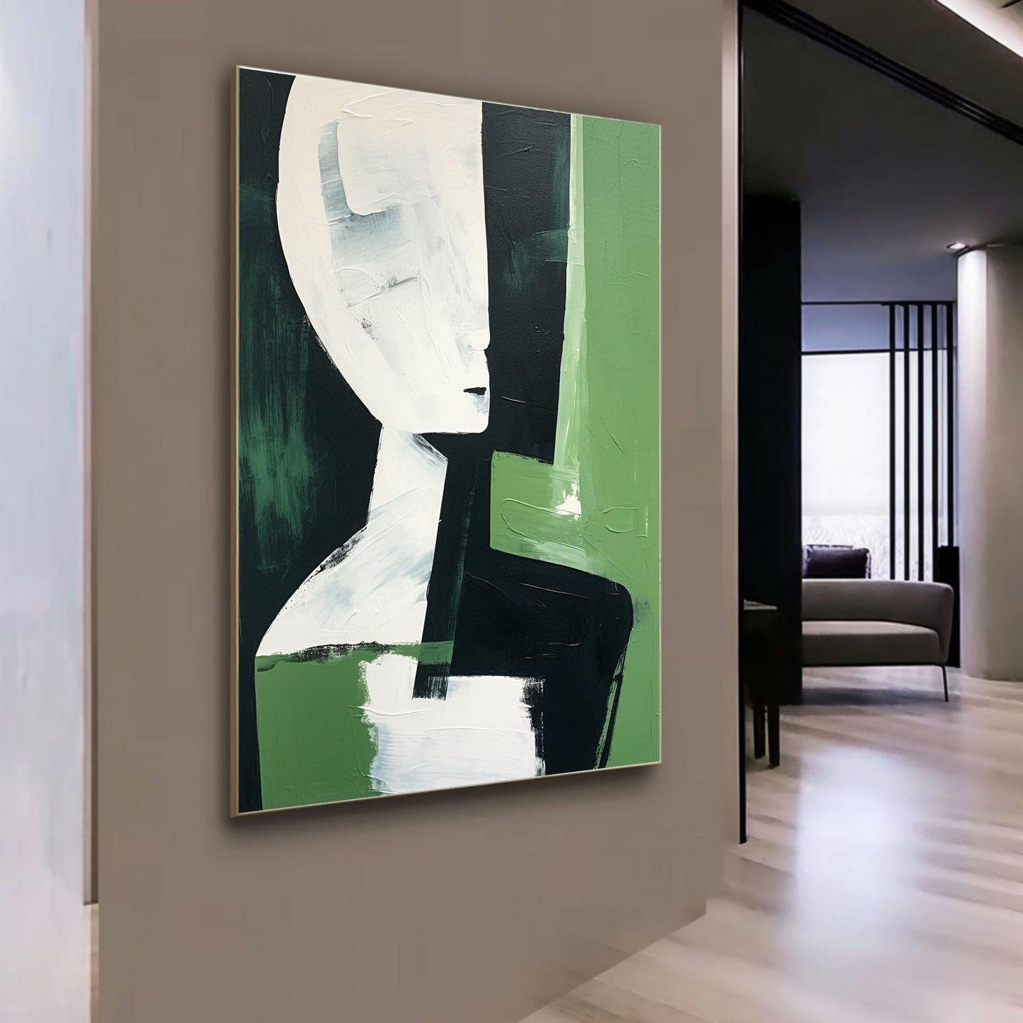 Abstract Green and White Portrait Oil Painting for Modern Home Décor