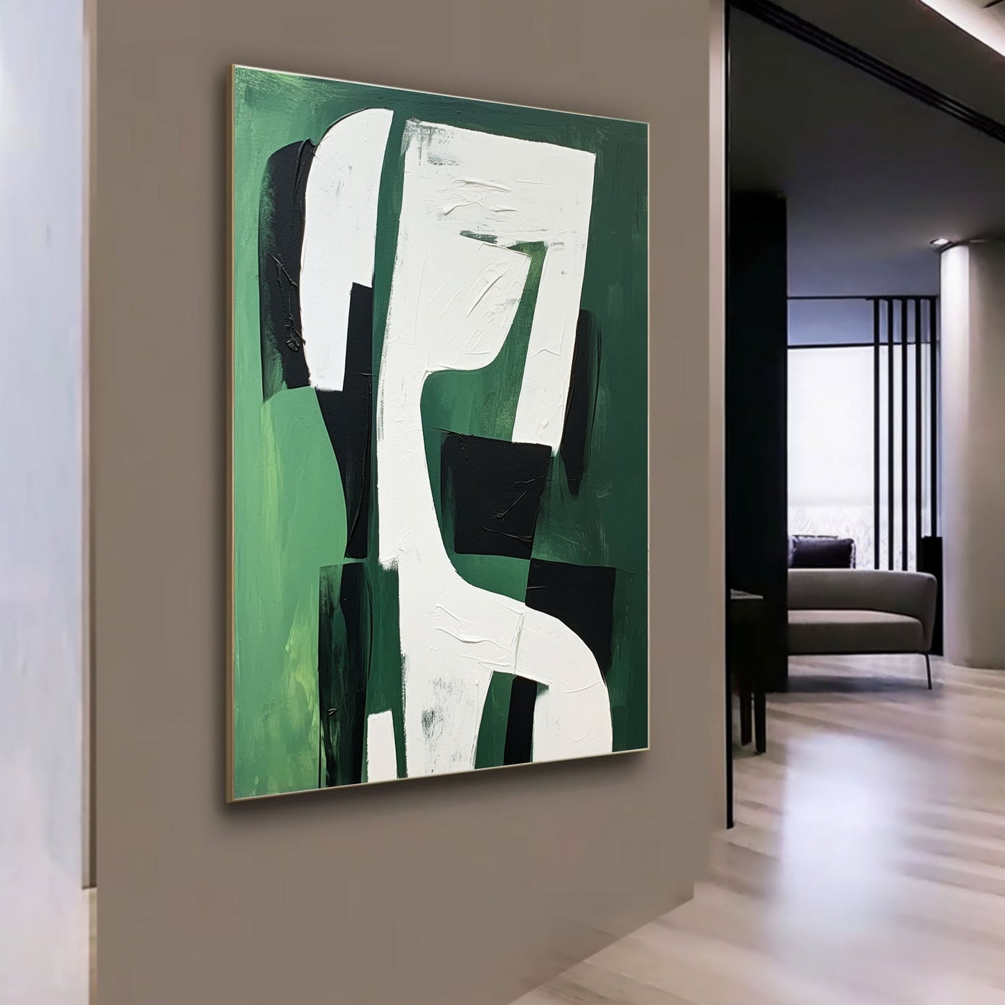Abstract Green and Black Minimalist Oil Painting for Modern Home Decor