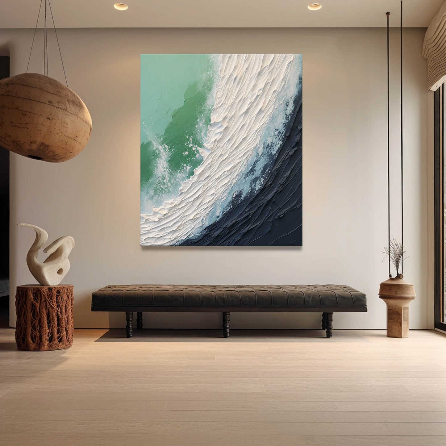 Abstract Ocean Wave Oil Painting with Textured Plaster Finish