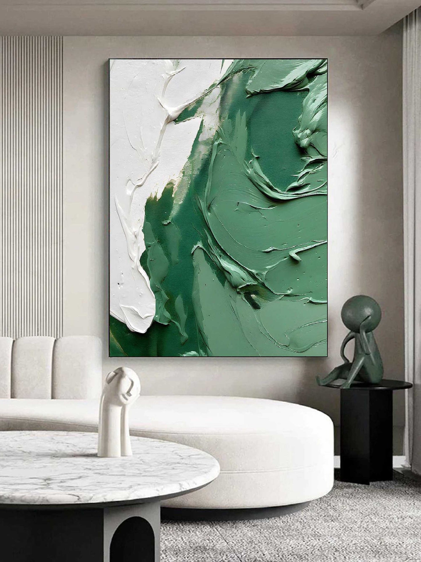 Abstract Green Textured Oil Painting with White Accents for Contemporary Home Decor