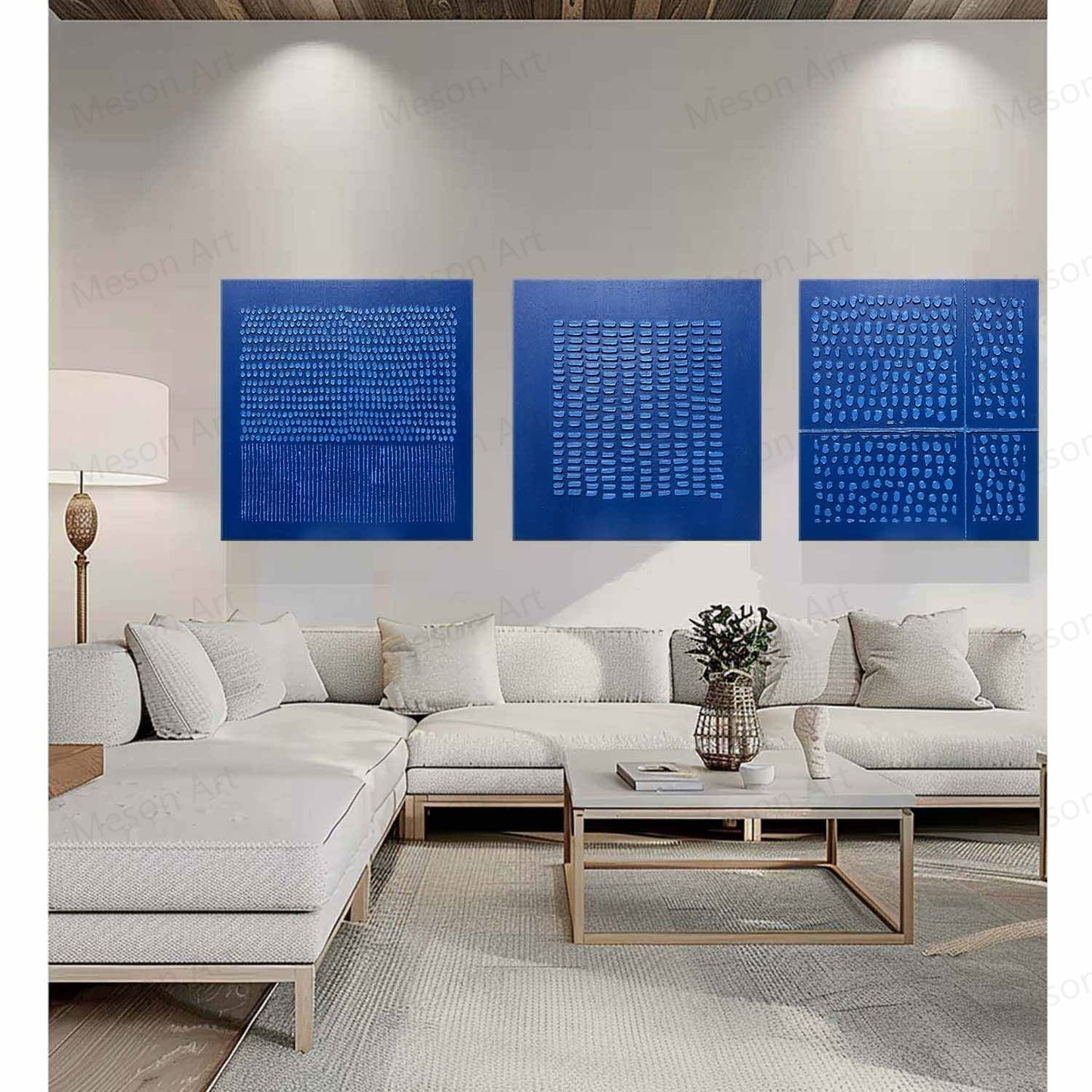 Contemporary Blue Abstract Triptych Oil Painting for Modern Home Decor