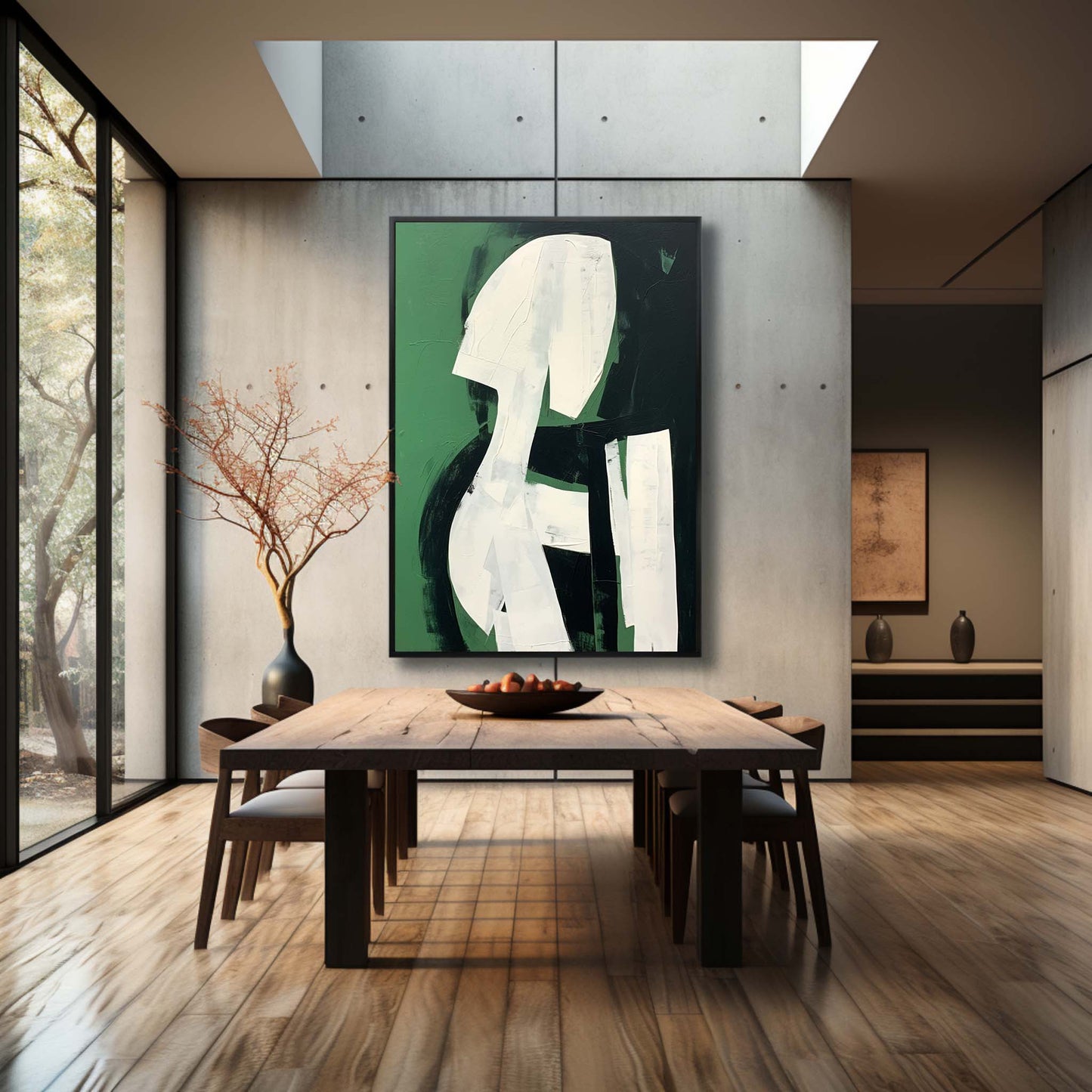 Abstract Green and White Minimalist Oil Painting for Modern Decor