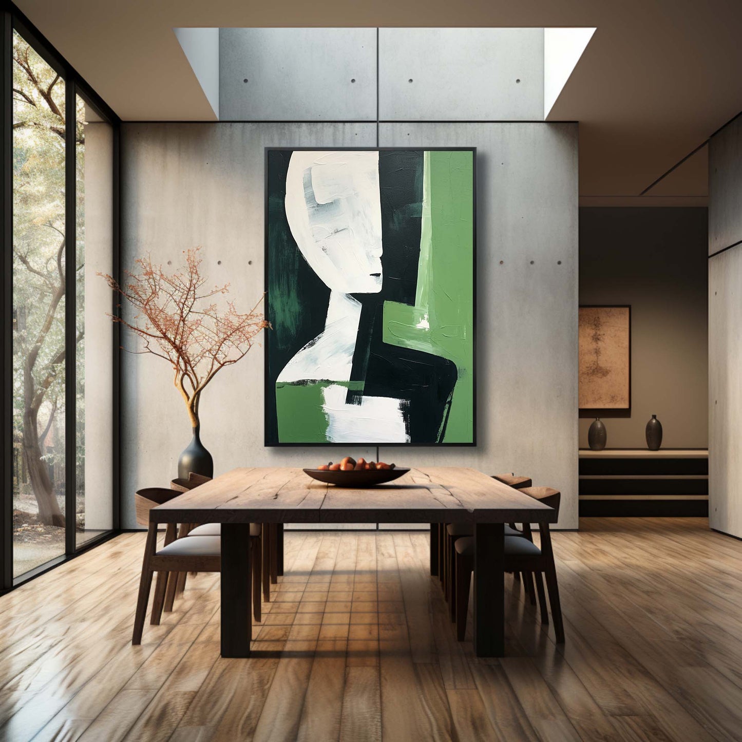 Abstract Green and White Portrait Oil Painting for Modern Home Décor