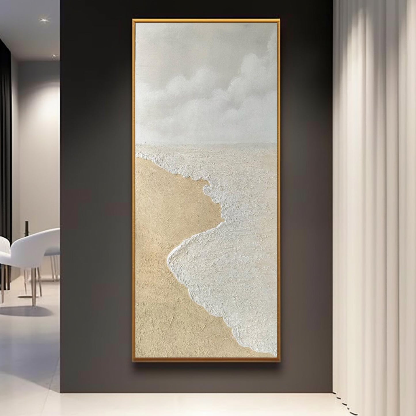 Textured Coastal Landscape Oil Painting with Beach and Cloudy Sky