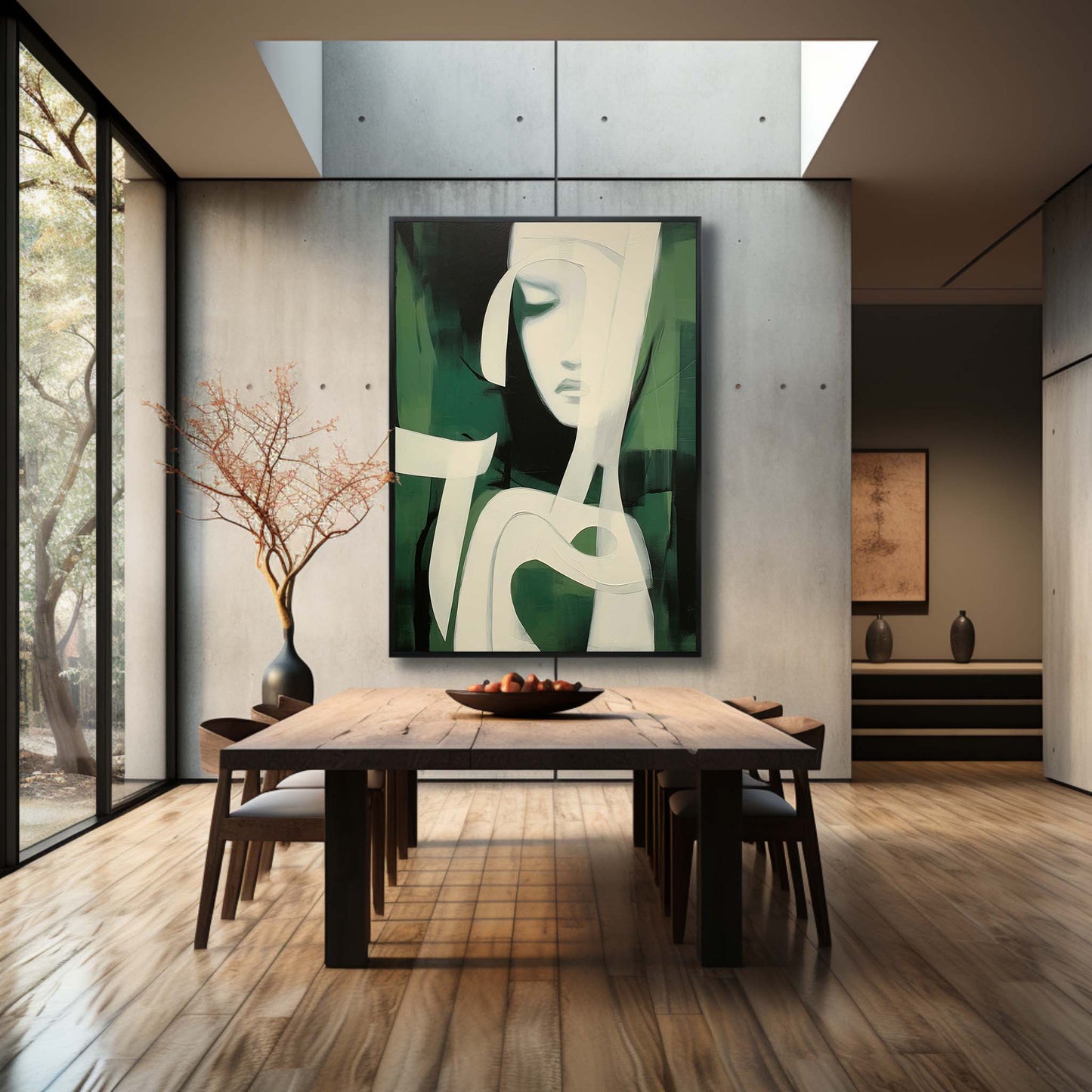 Serene Green Minimalist Oil Painting of Abstract Feminine Form