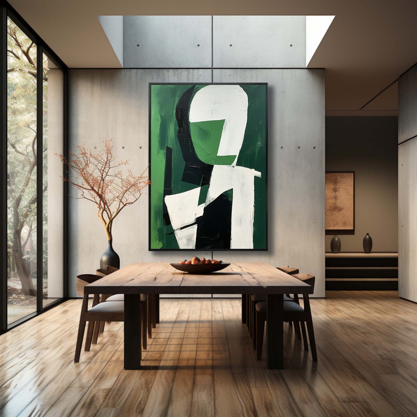 Modern Abstract Oil Painting in Green and White for Minimalist Decor