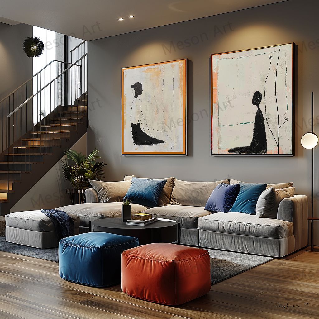 Contemporary Minimalist Oil Painting Set with Abstract Figures for Modern Decor