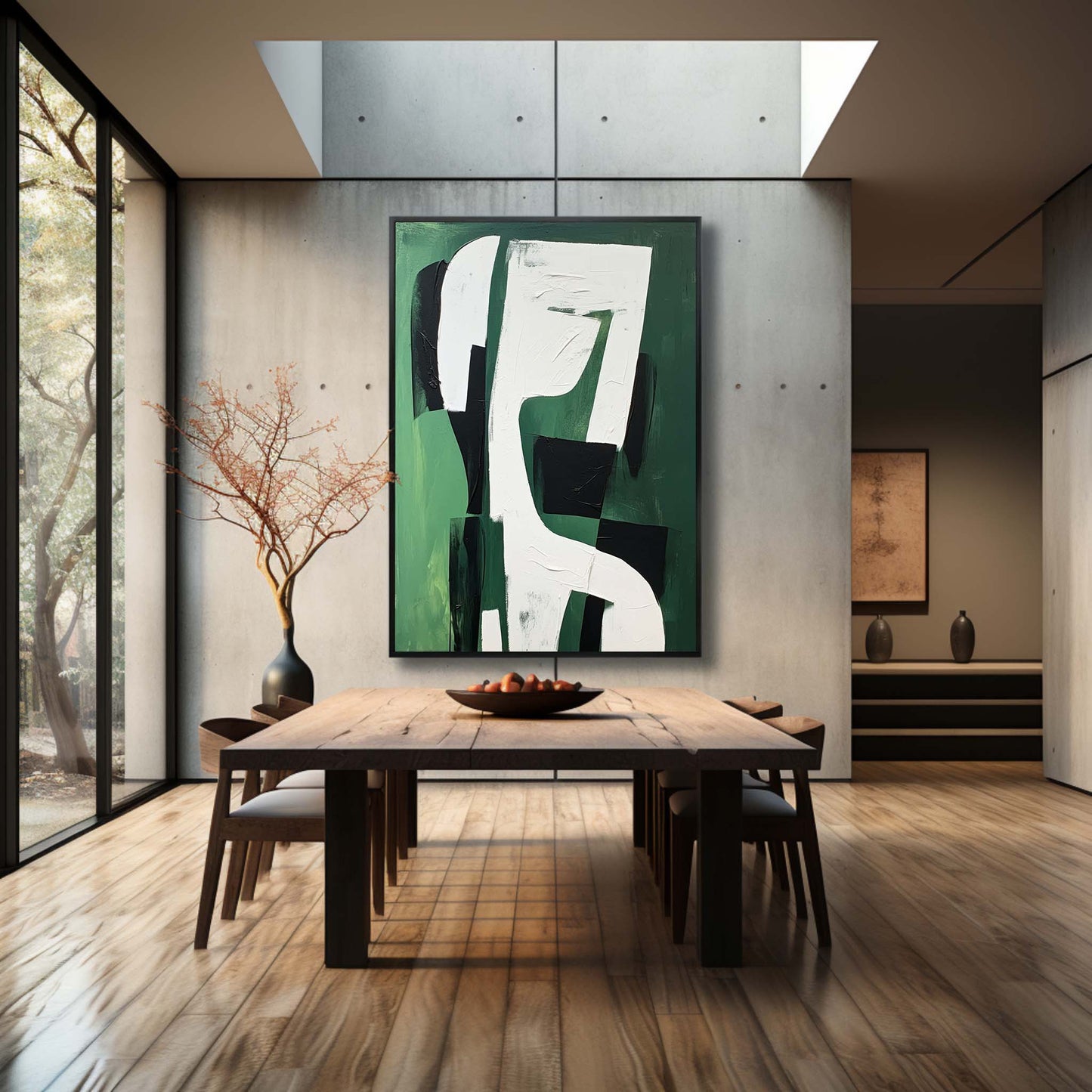 Abstract Green and Black Minimalist Oil Painting for Modern Home Decor