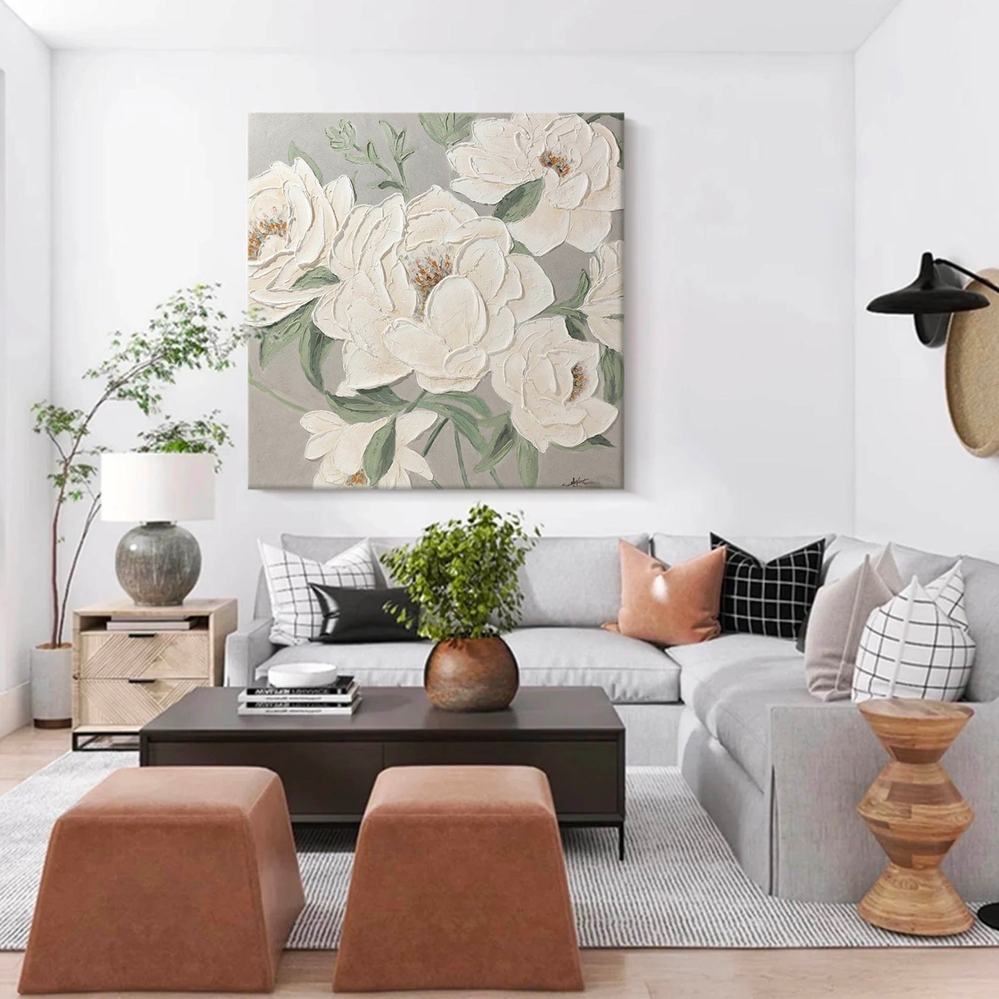 Elegant White Floral Oil Painting for Modern Home Decoration