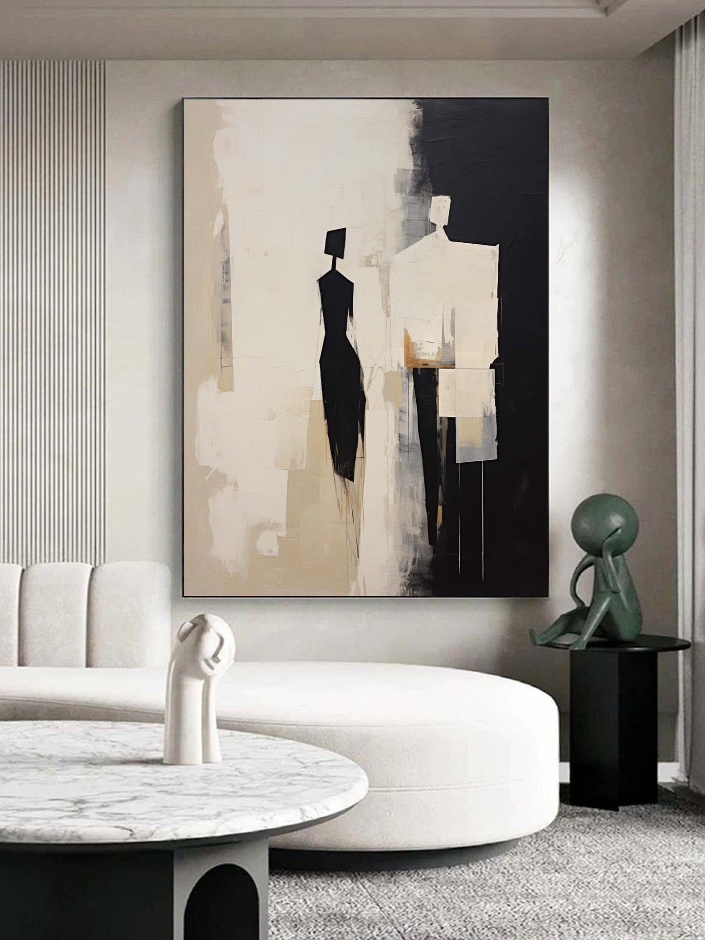 Elegant Black and White Contemporary Minimalist Oil Painting for Modern Decor