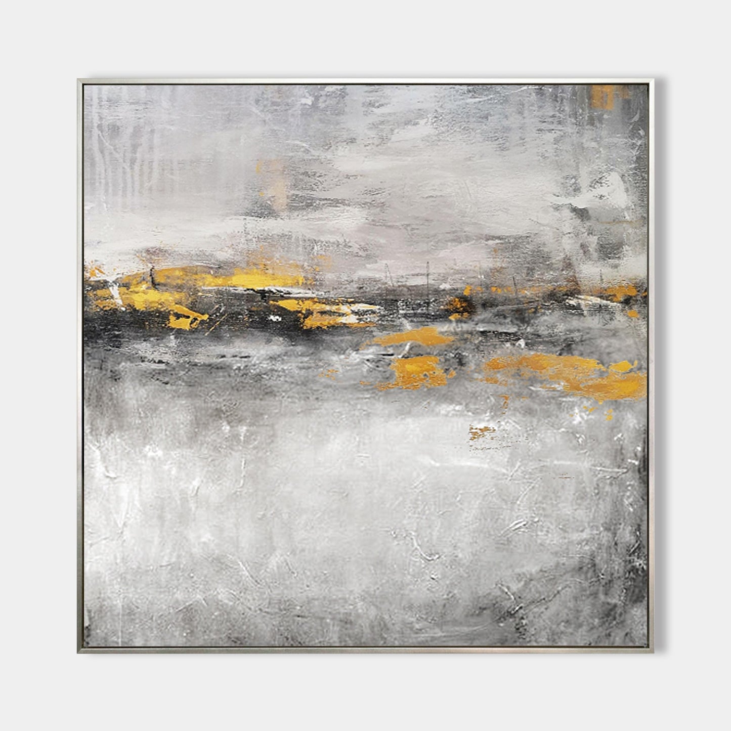 Bold Abstract Landscape Oil Painting with Textured Grays and Vibrant Gold Accents