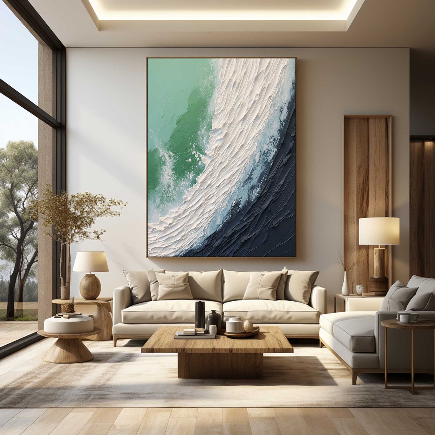Abstract Ocean Wave Oil Painting with Textured Plaster Finish