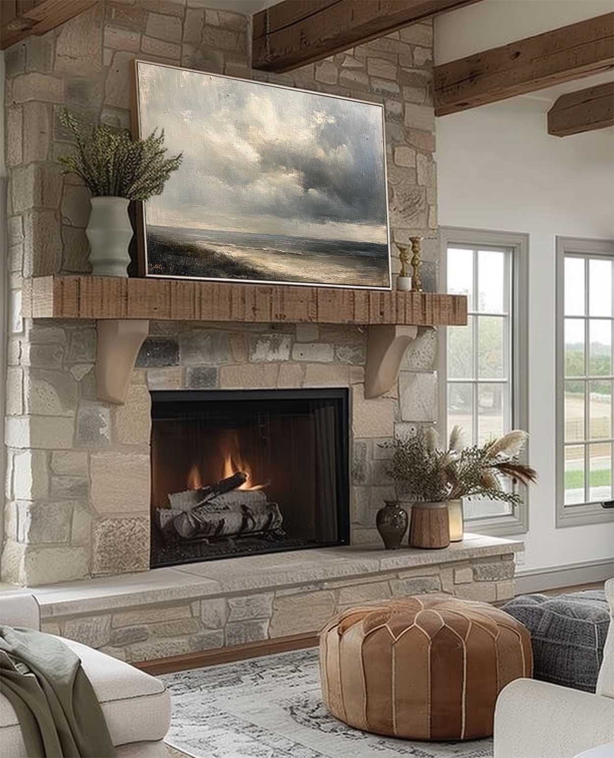 Serene Coastal Landscape Oil Painting with Dramatic Cloud Detail