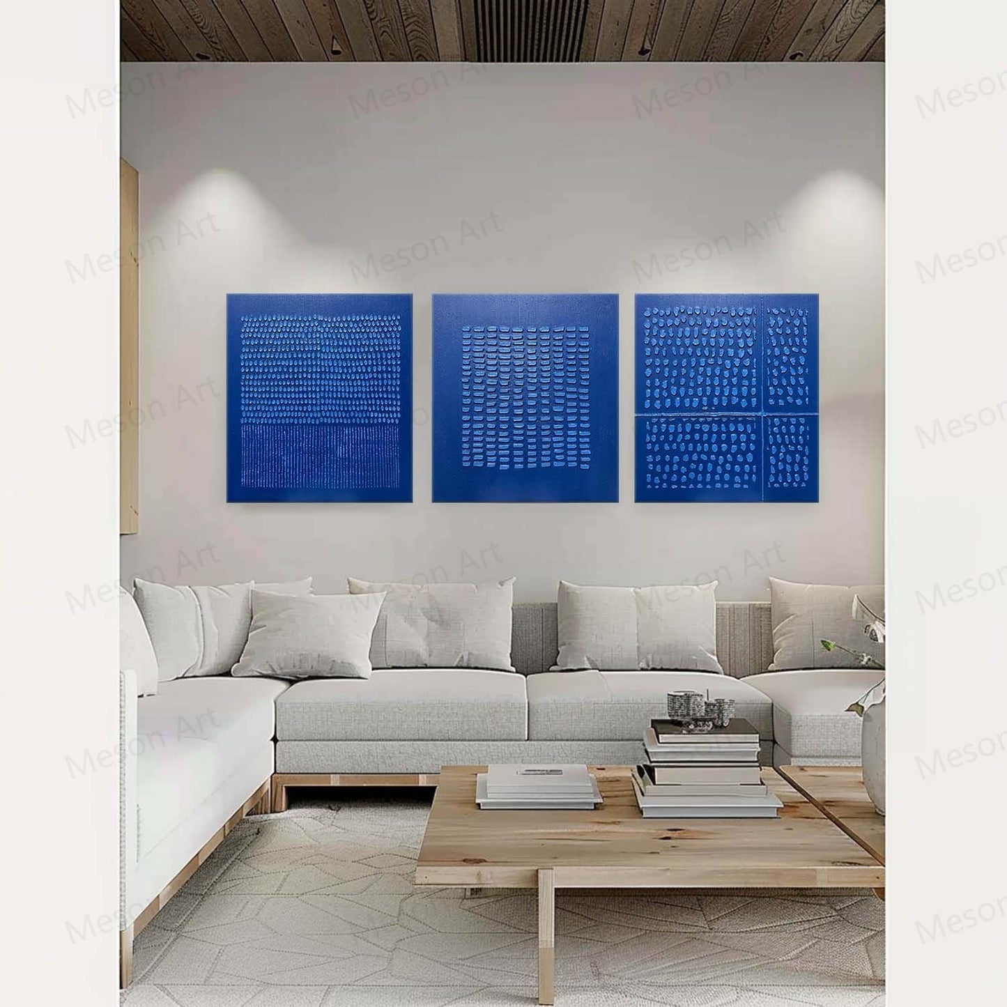 Contemporary Blue Abstract Triptych Oil Painting for Modern Home Decor