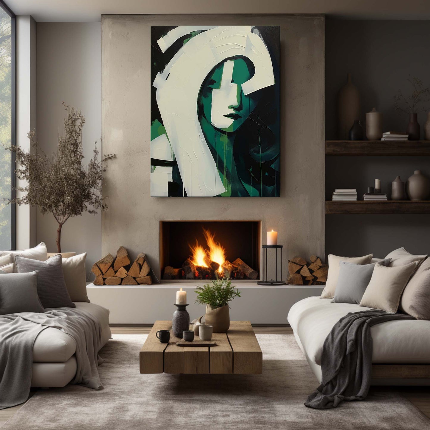 Modern Abstract Oil Painting of a Green-Hued Face in Minimalist Style
