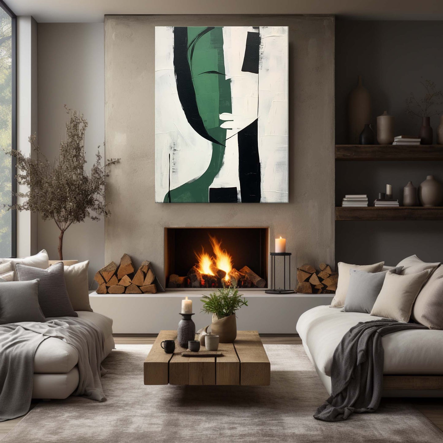 Modern Abstract Green and Black Minimalist Oil Painting for Contemporary Decor