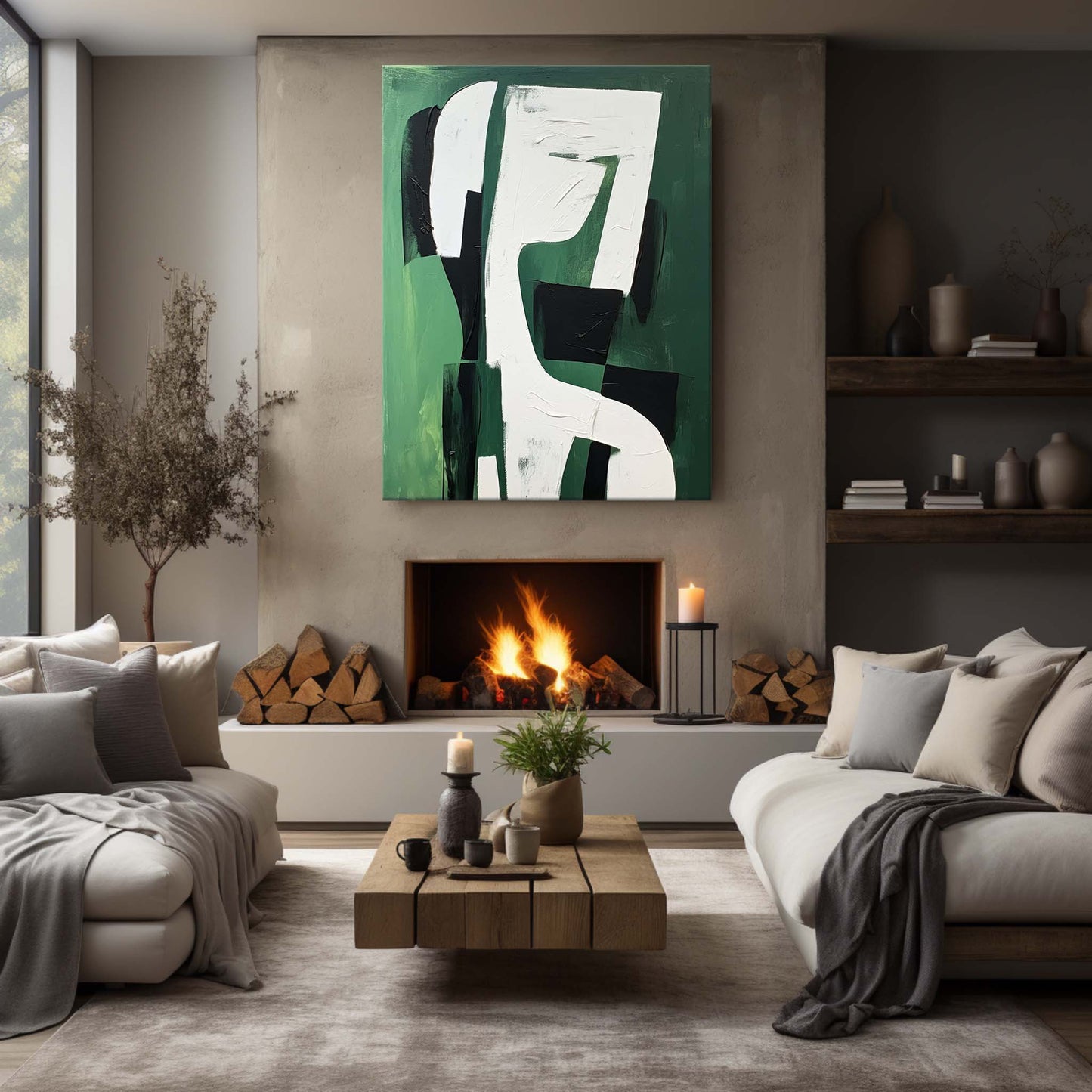 Abstract Green and Black Minimalist Oil Painting for Modern Home Decor