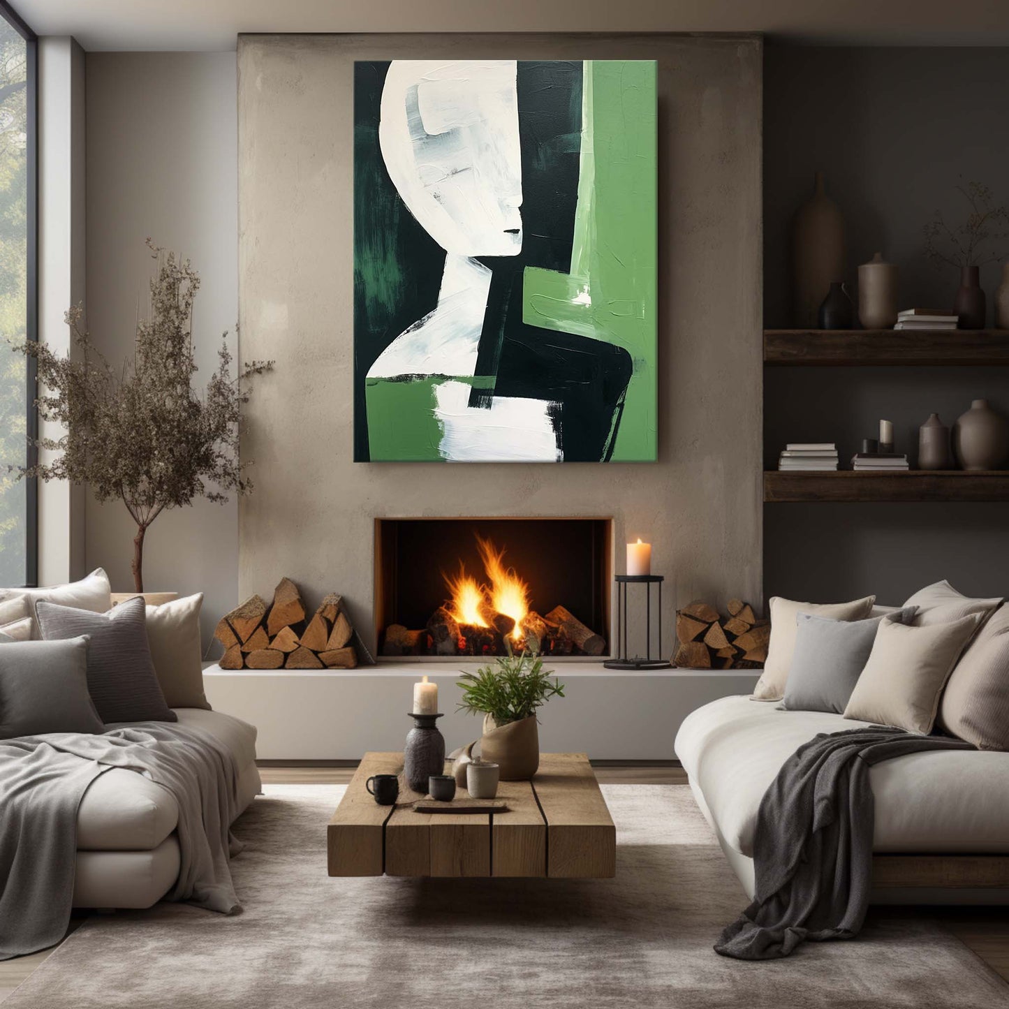 Abstract Green and White Portrait Oil Painting for Modern Home Décor