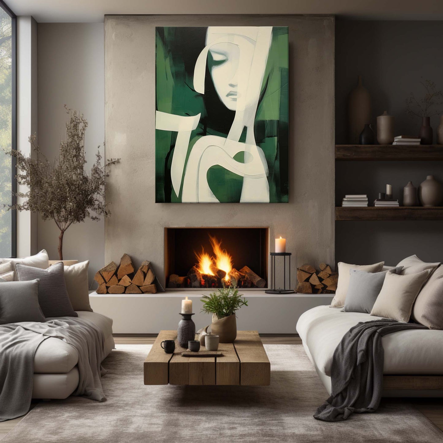 Serene Green Minimalist Oil Painting of Abstract Feminine Form