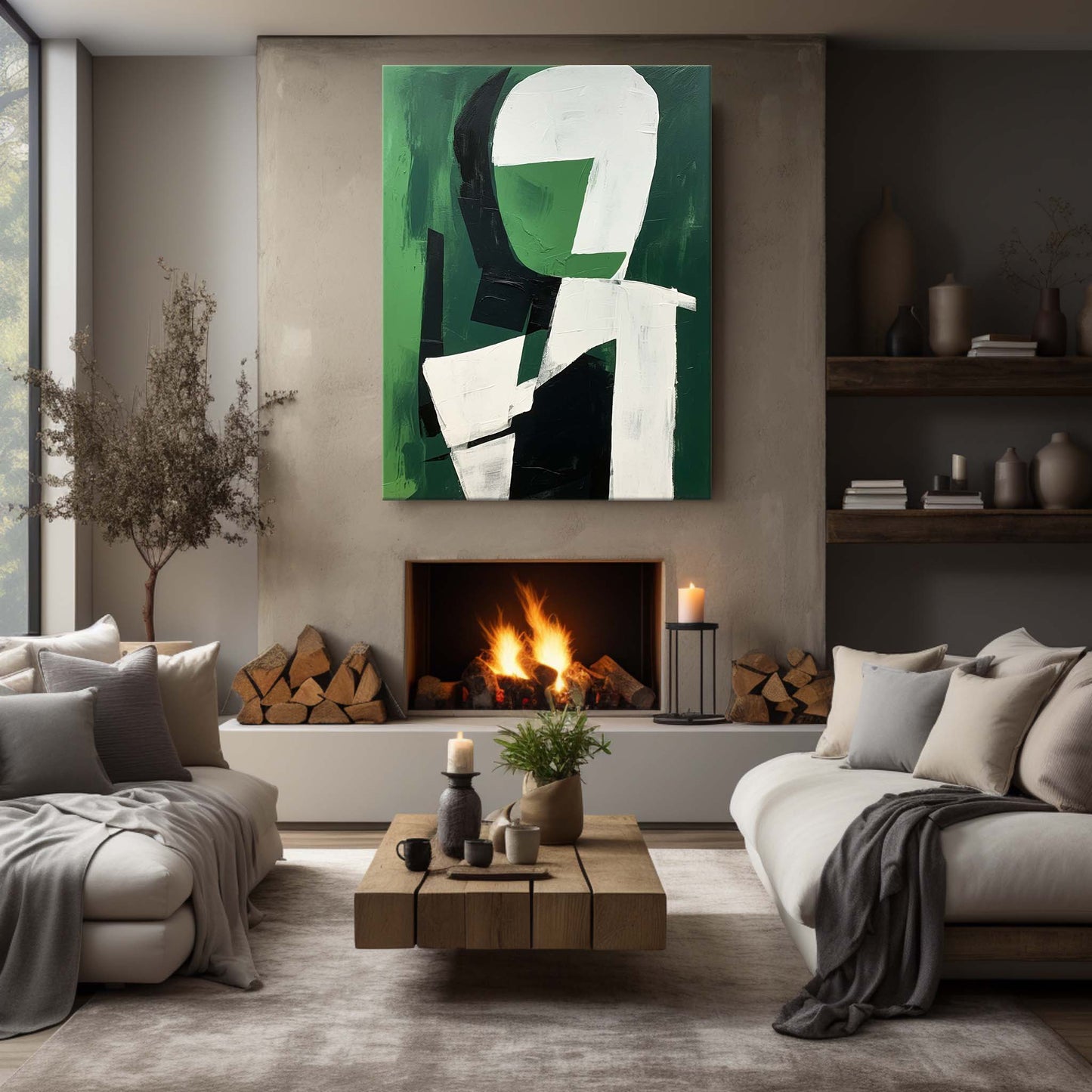 Modern Abstract Oil Painting in Green and White for Minimalist Decor
