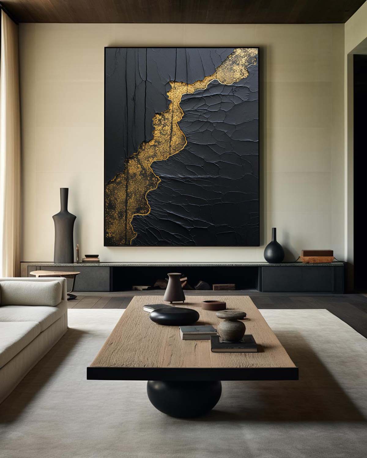 Elegant Black and Gold Minimalist Abstract Oil Painting for Modern Home Decor