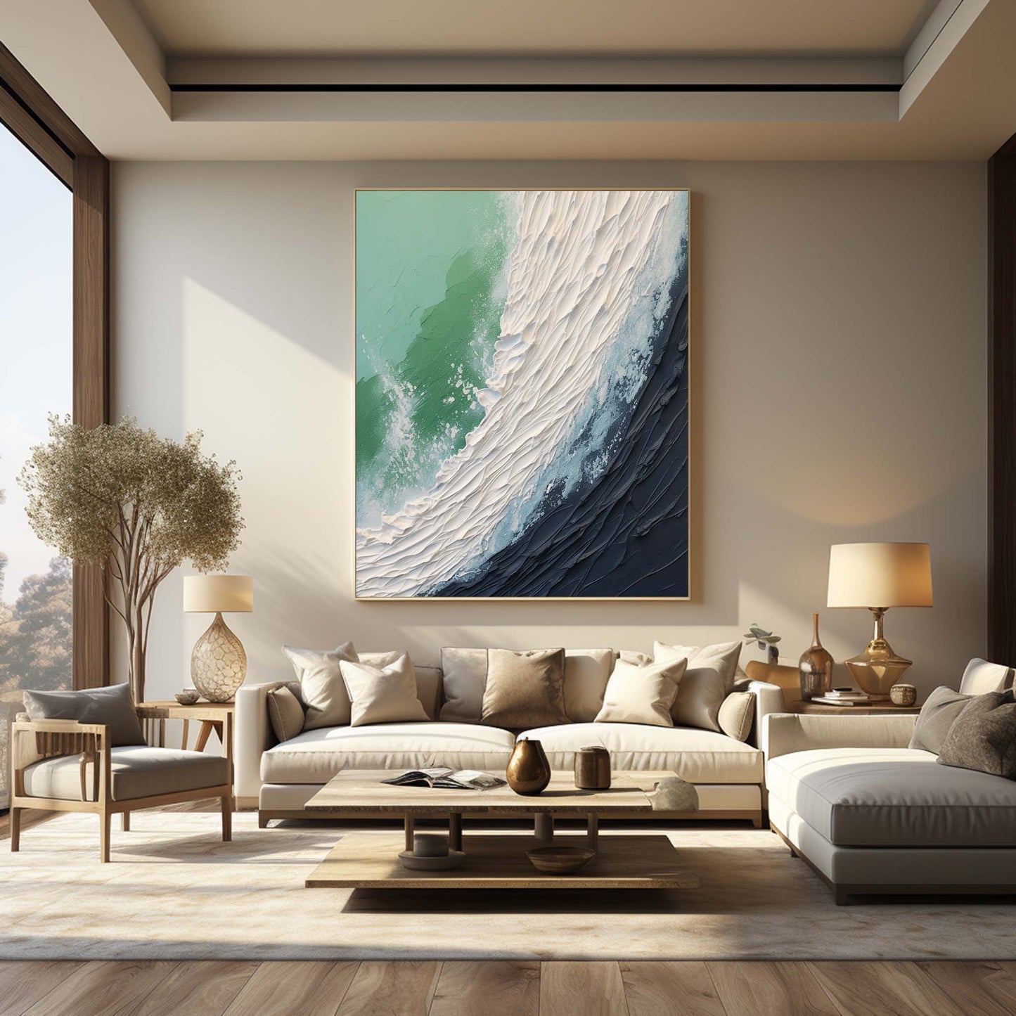 Abstract Ocean Wave Oil Painting with Textured Plaster Finish