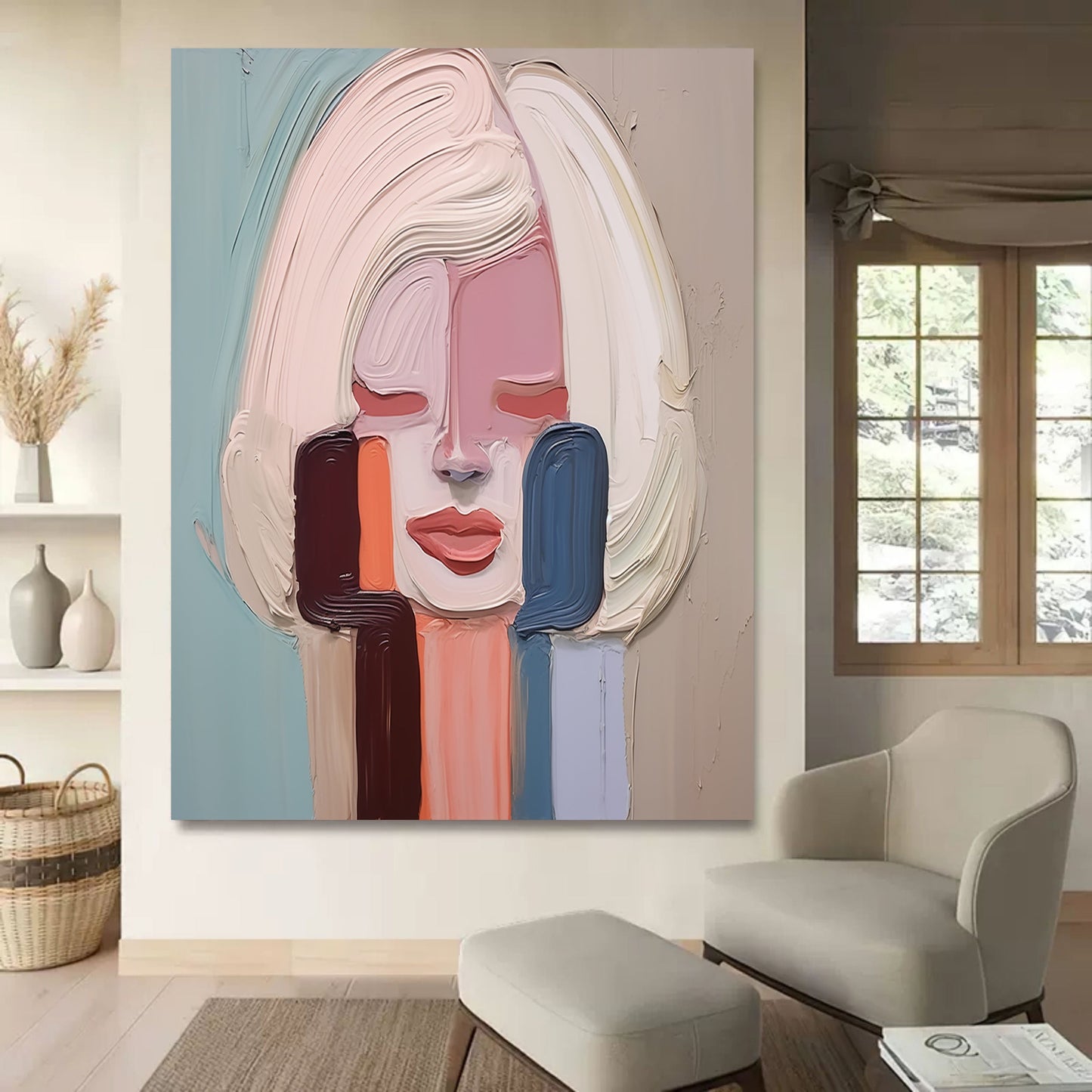 Contemporary Abstract Oil Painting of a Serene Woman with Soft Pastel Colors
