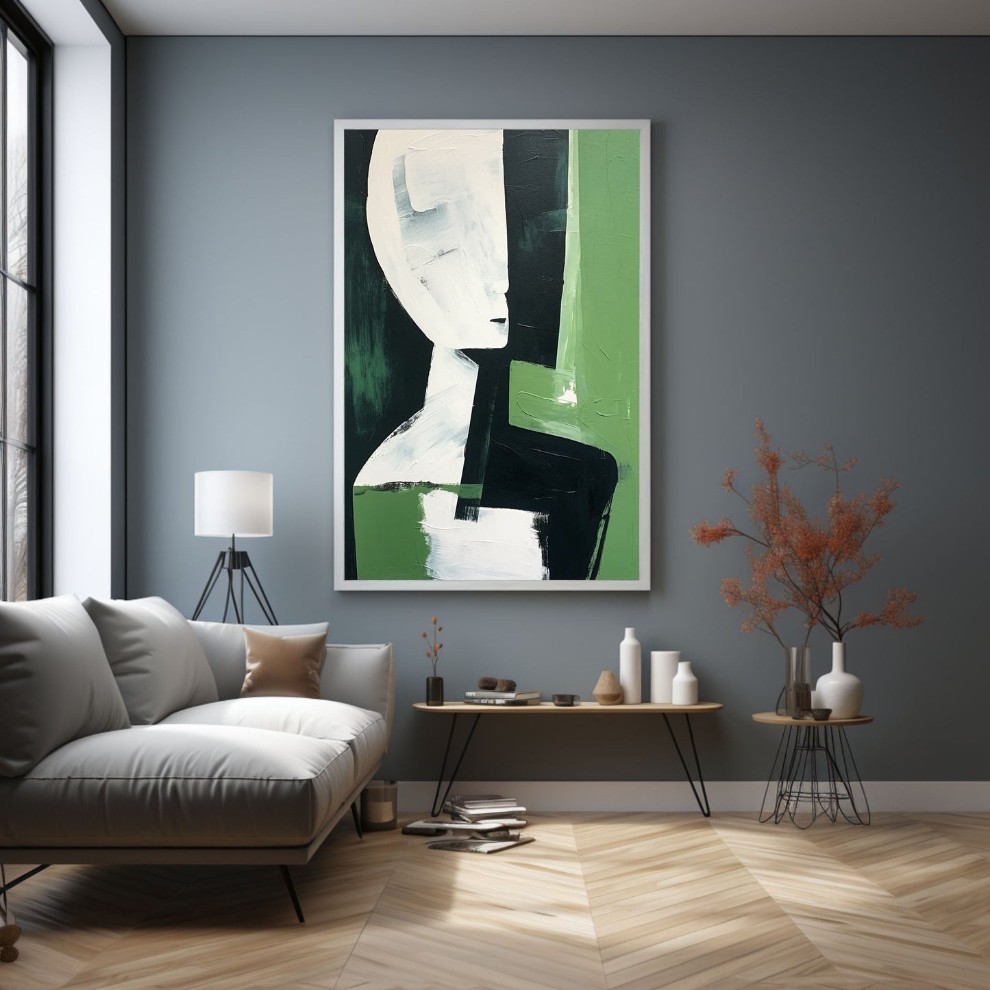 Abstract Green and White Portrait Oil Painting for Modern Home Décor