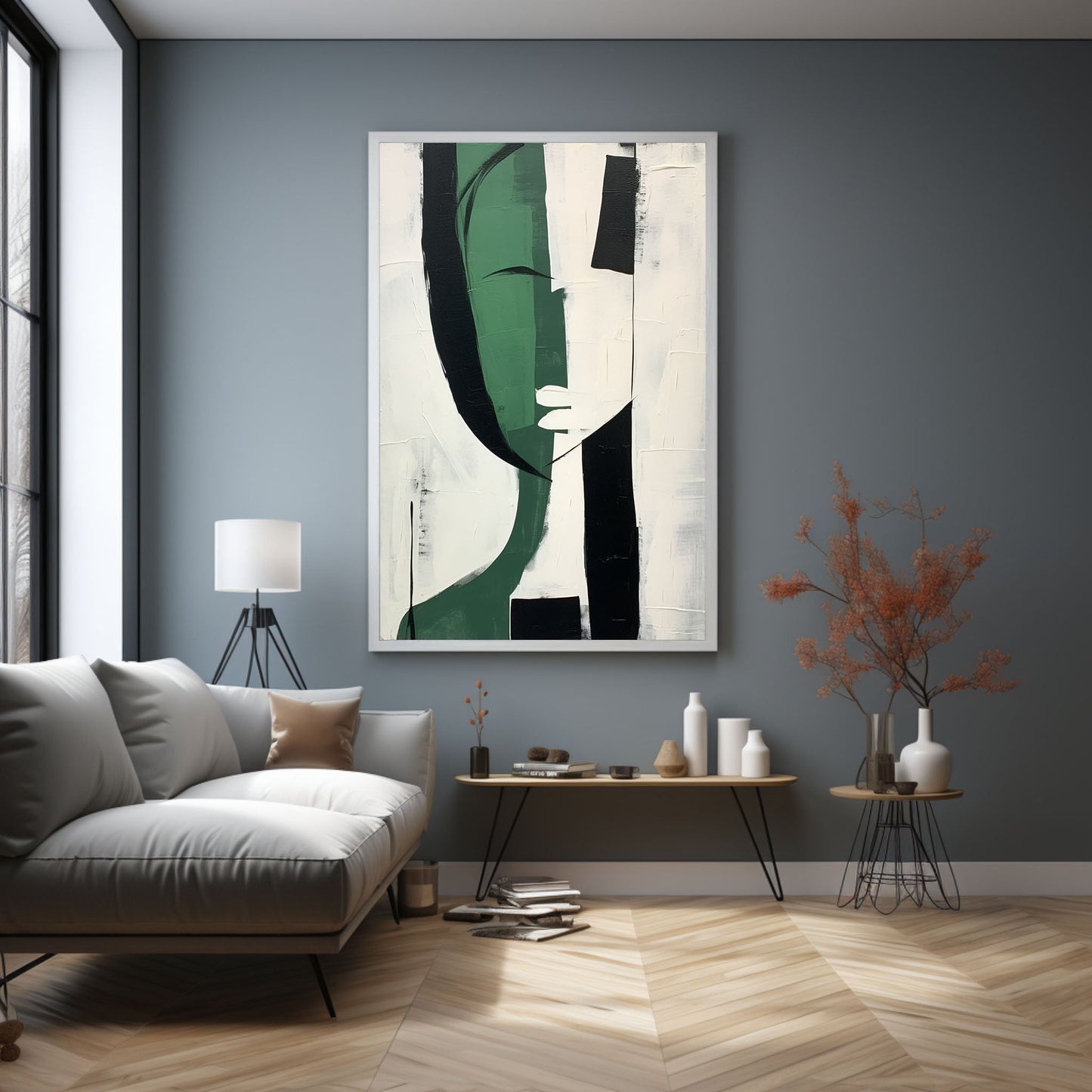 Modern Abstract Green and Black Minimalist Oil Painting for Contemporary Decor