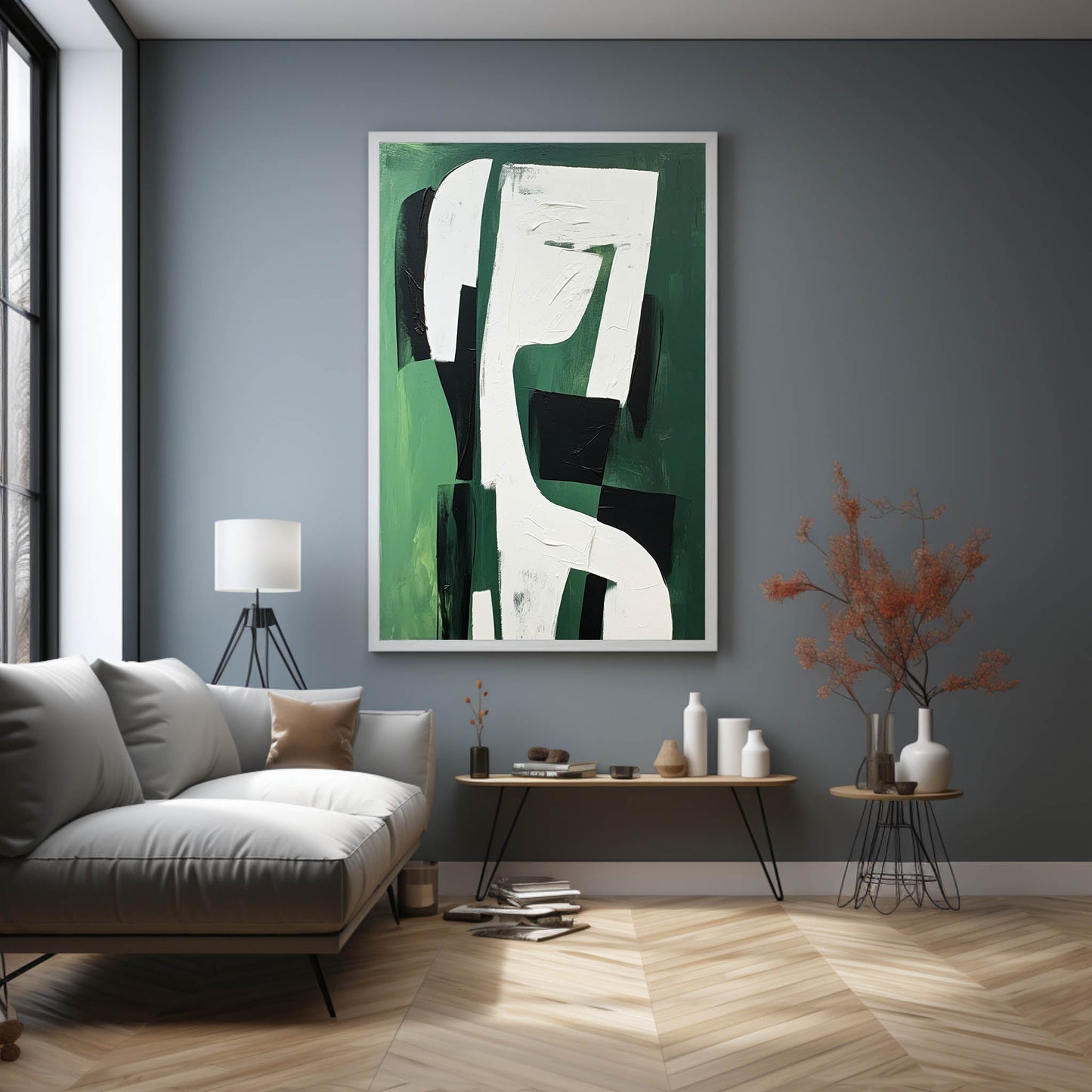 Abstract Green and Black Minimalist Oil Painting for Modern Home Decor