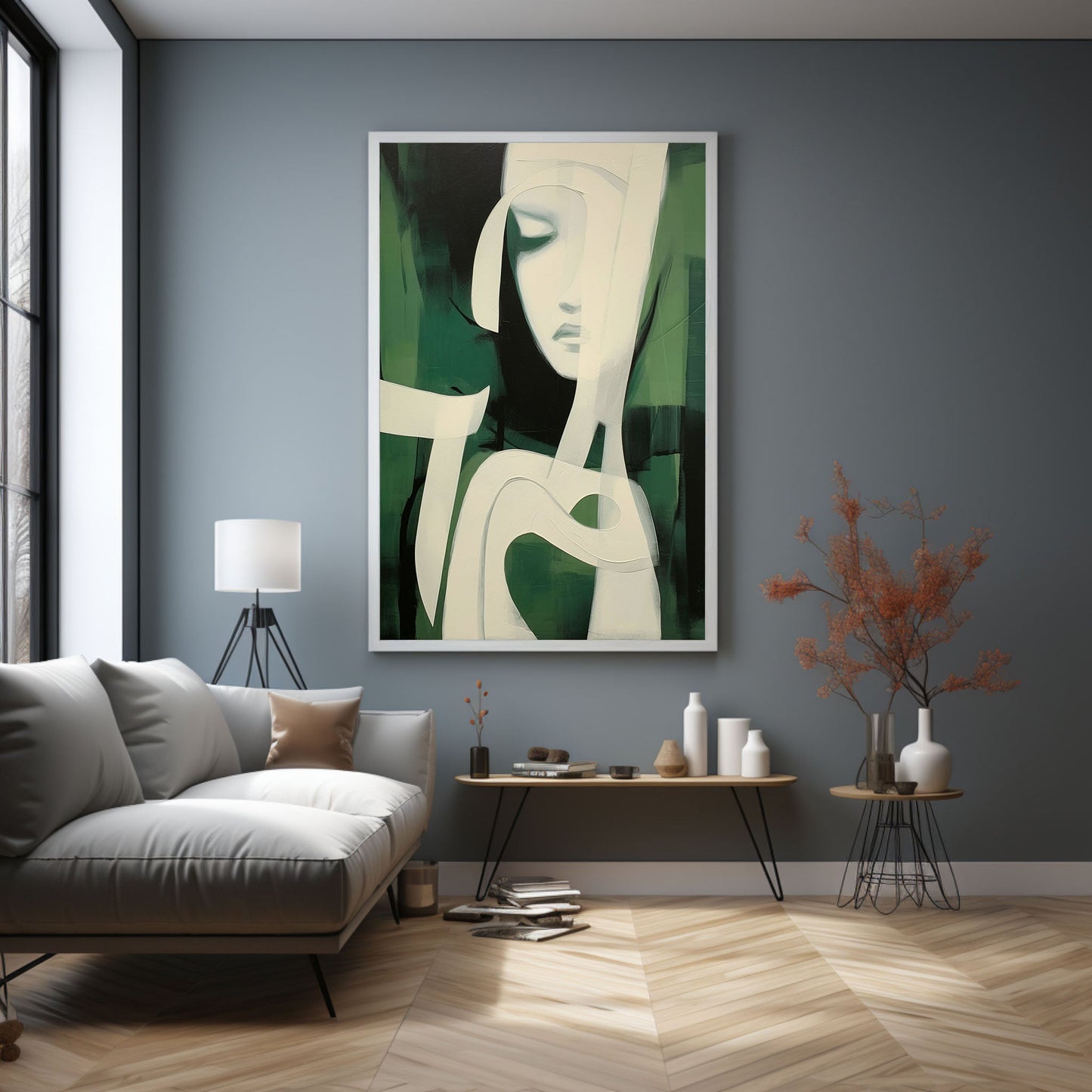 Serene Green Minimalist Oil Painting of Abstract Feminine Form