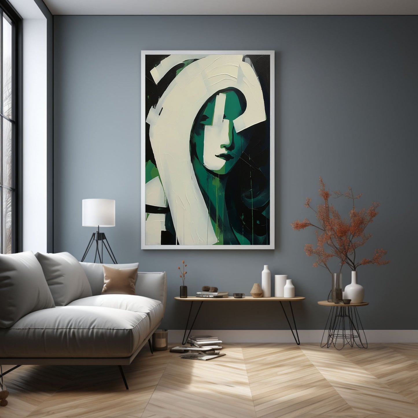 Modern Abstract Oil Painting of a Green-Hued Face in Minimalist Style