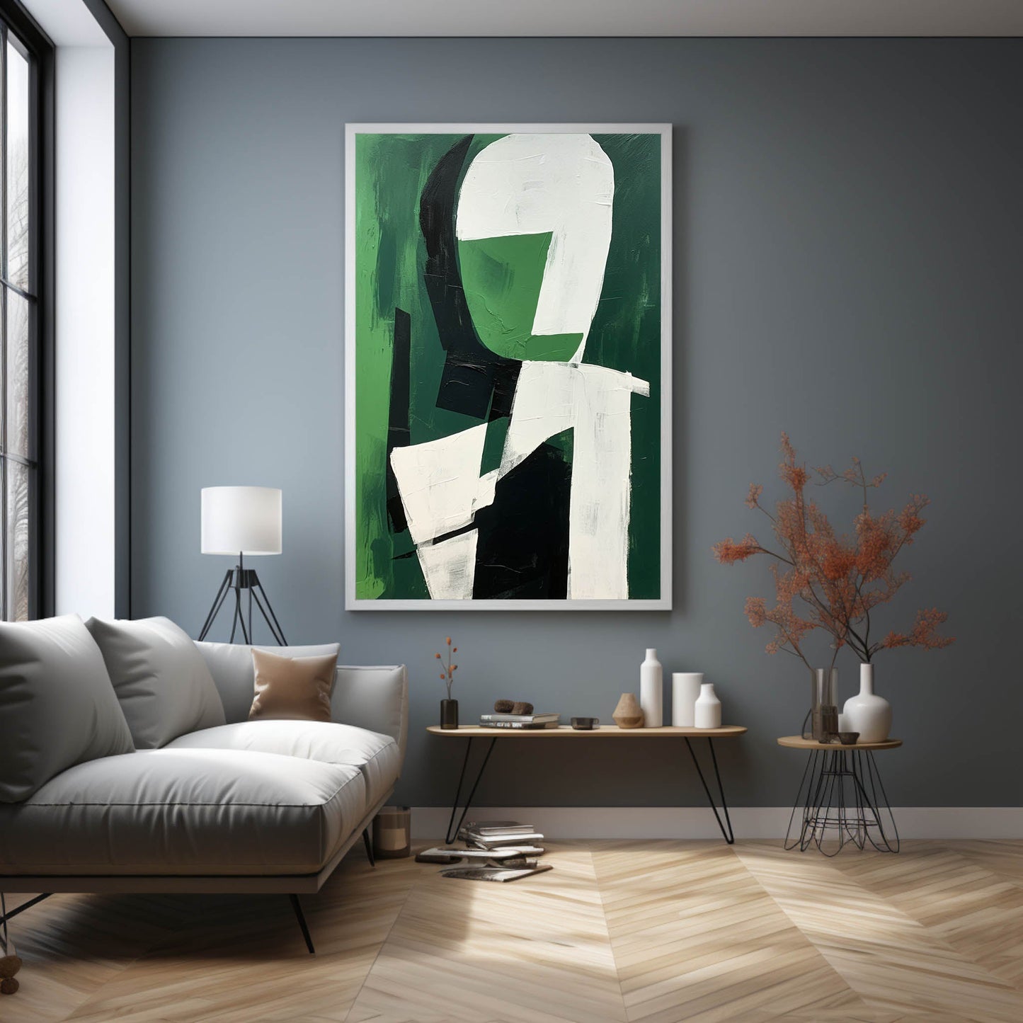 Modern Abstract Oil Painting in Green and White for Minimalist Decor