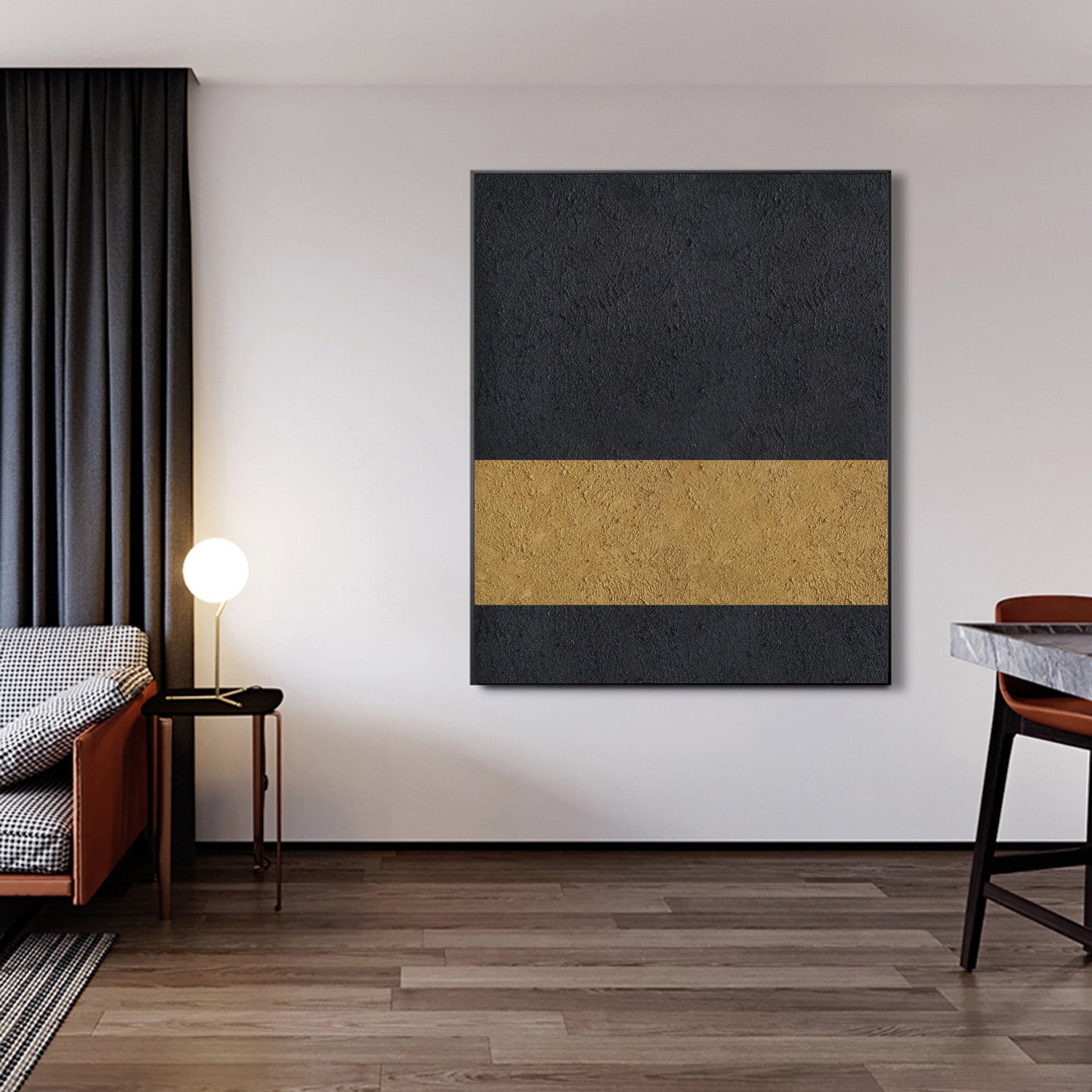 Elegant Black and Gold Abstract Minimalist Oil Painting for Modern Decor