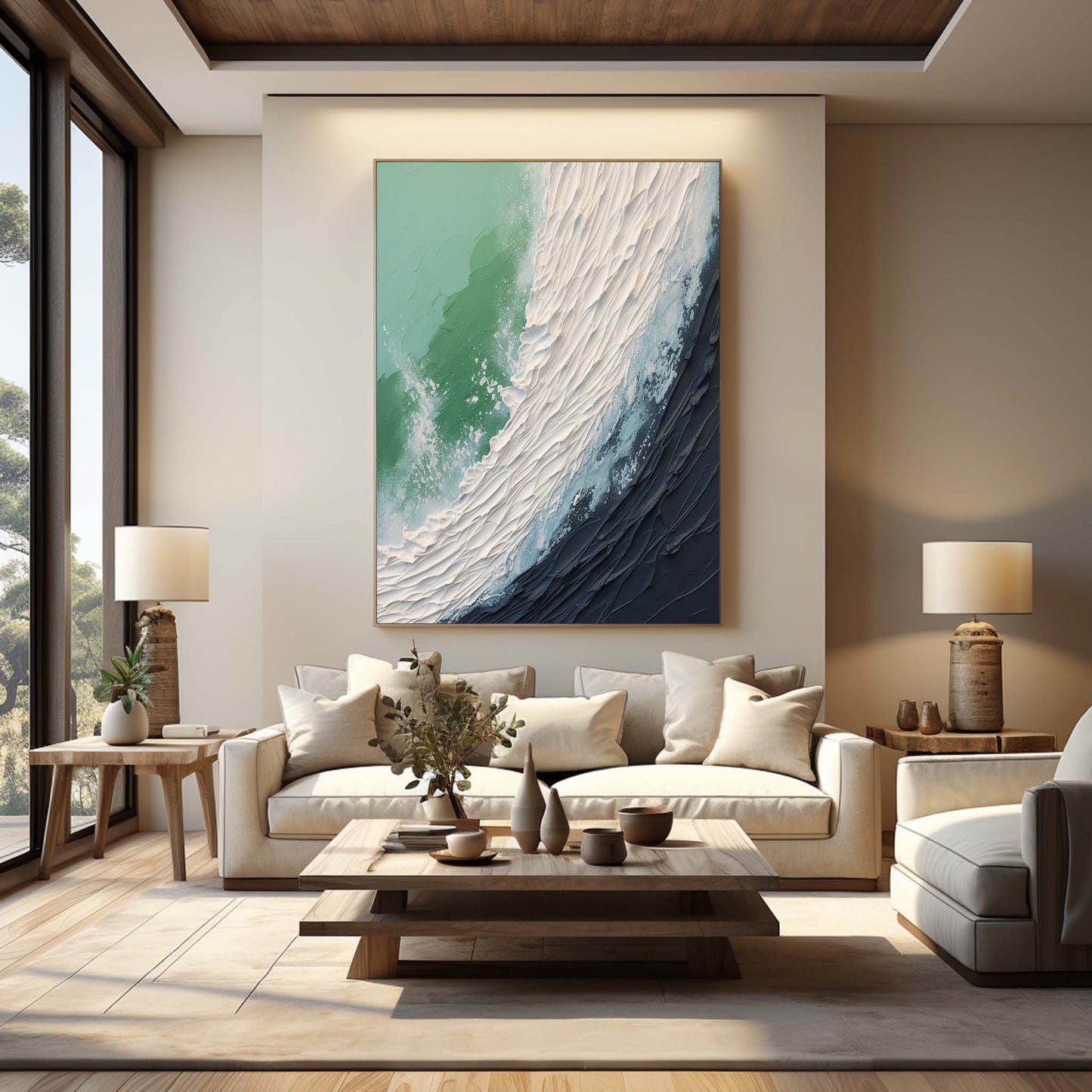 Abstract Ocean Wave Oil Painting with Textured Plaster Finish