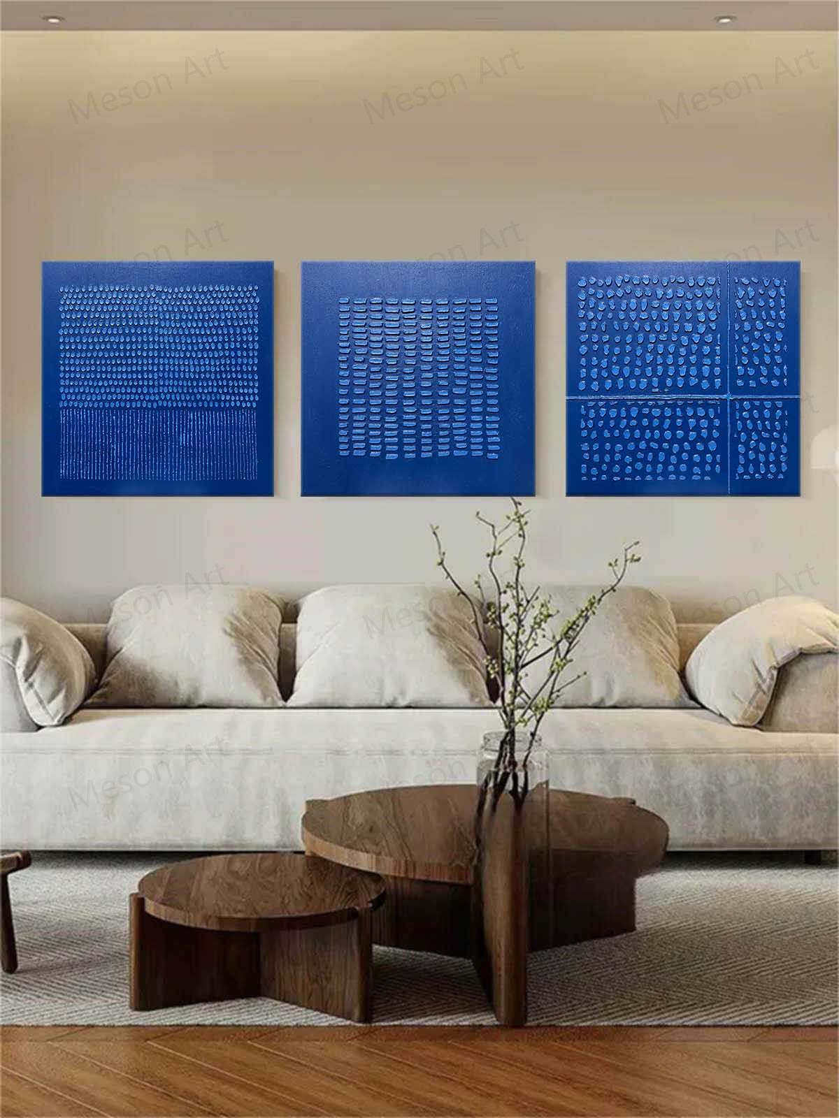 Contemporary Blue Abstract Triptych Oil Painting for Modern Home Decor