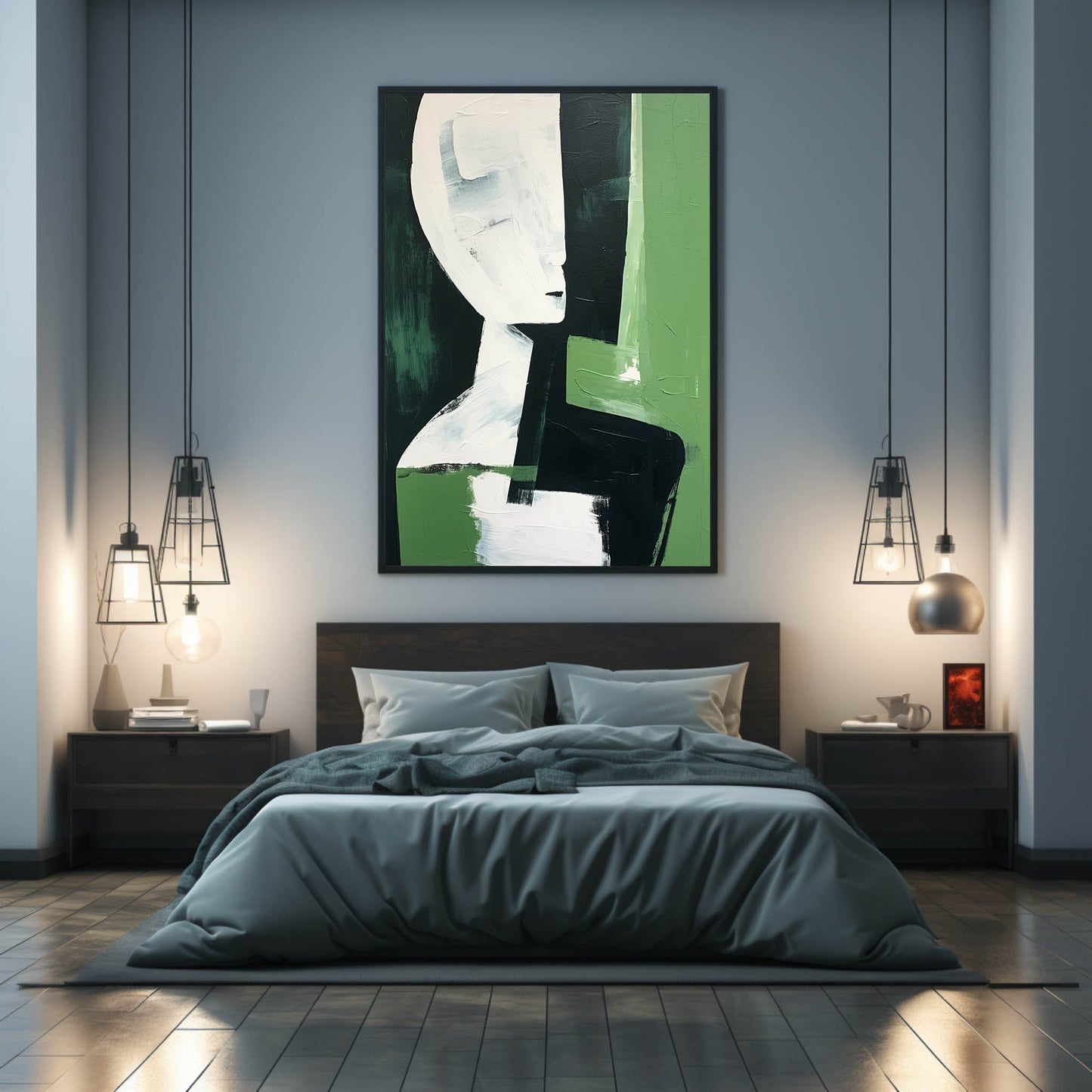Abstract Green and White Portrait Oil Painting for Modern Home Décor