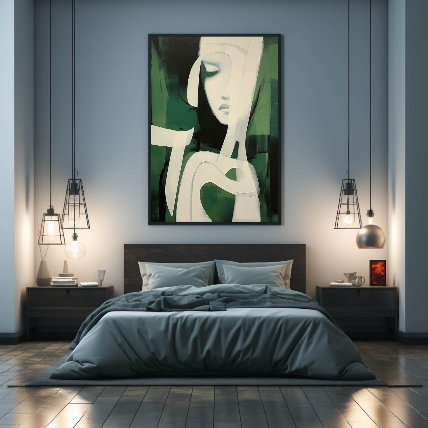 Serene Green Minimalist Oil Painting of Abstract Feminine Form