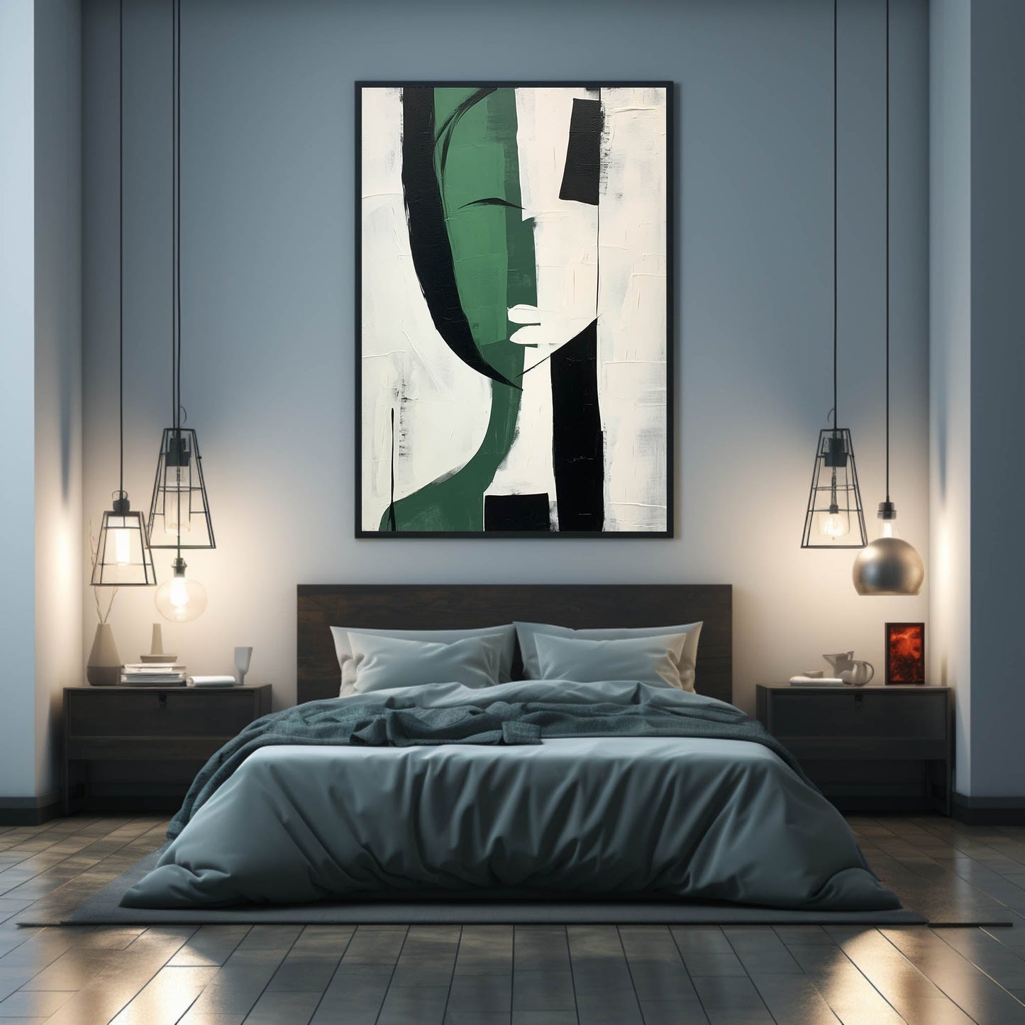 Modern Abstract Green and Black Minimalist Oil Painting for Contemporary Decor