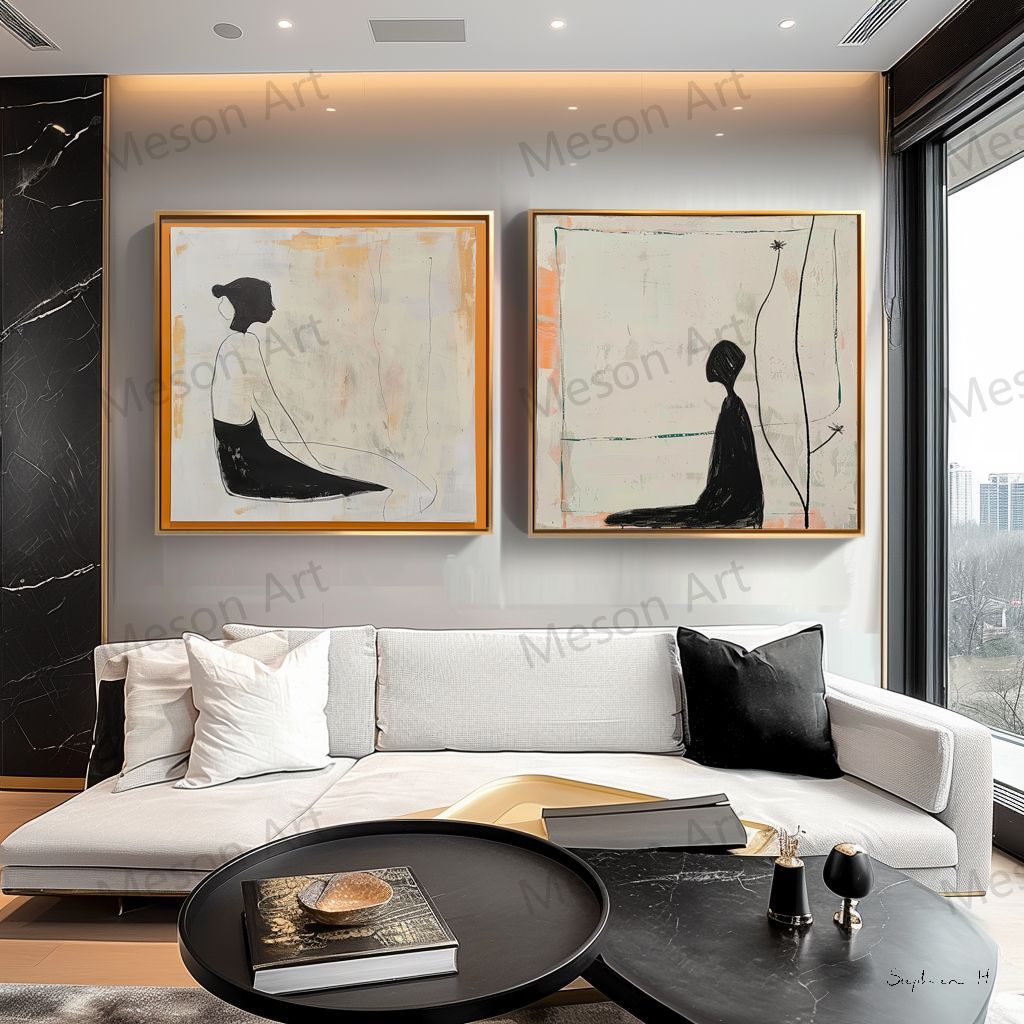 Contemporary Minimalist Oil Painting Set with Abstract Figures for Modern Decor