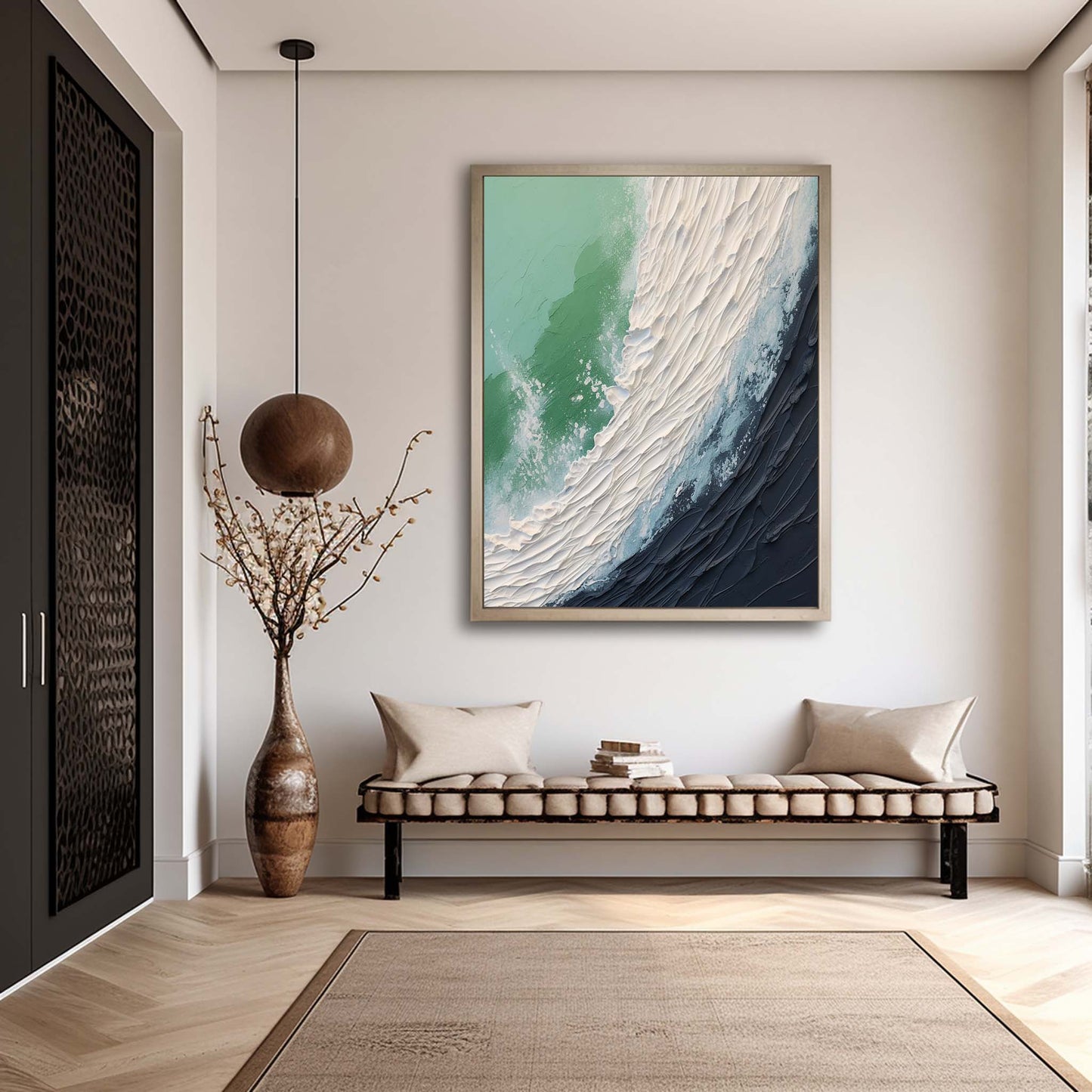 Abstract Ocean Wave Oil Painting with Textured Plaster Finish