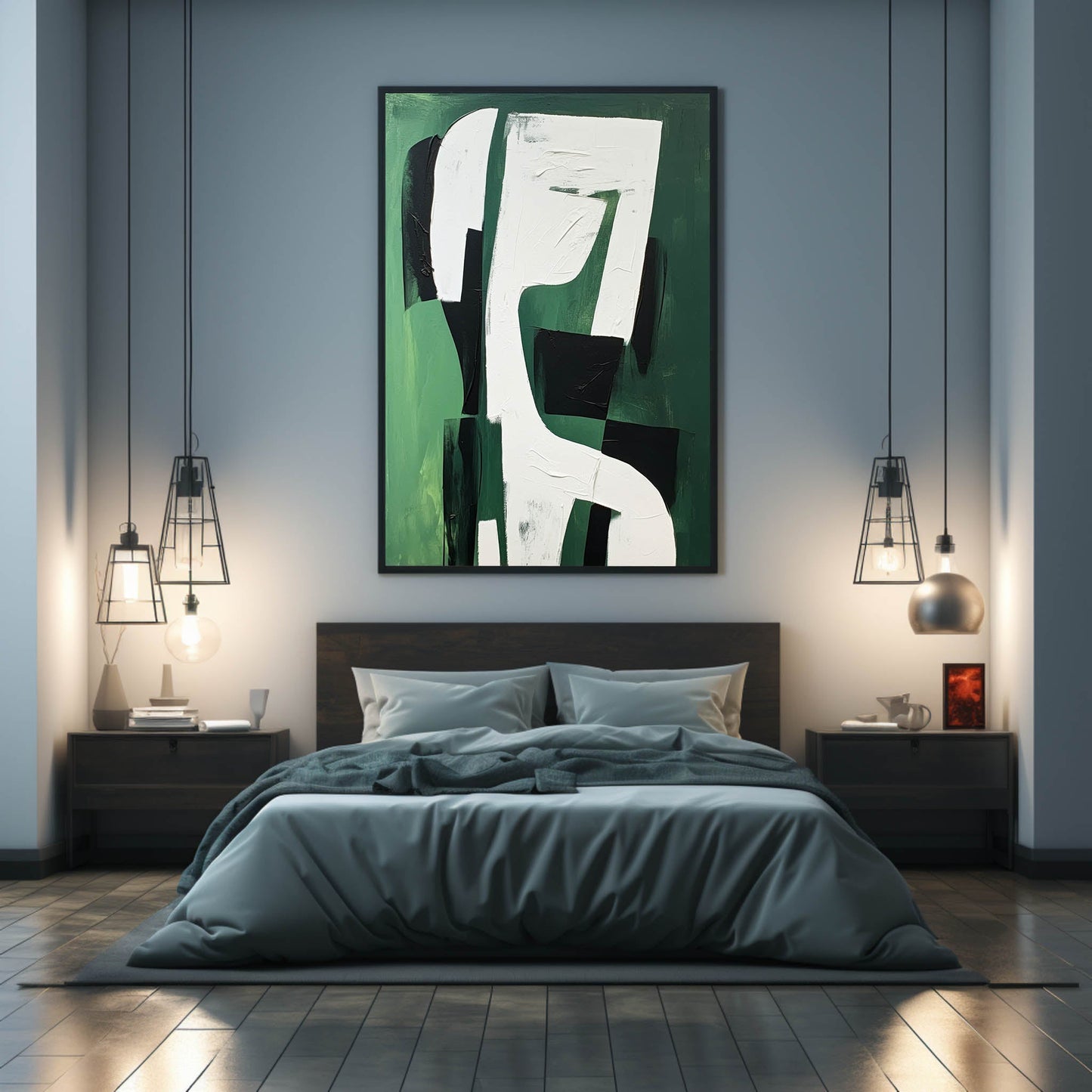 Abstract Green and Black Minimalist Oil Painting for Modern Home Decor