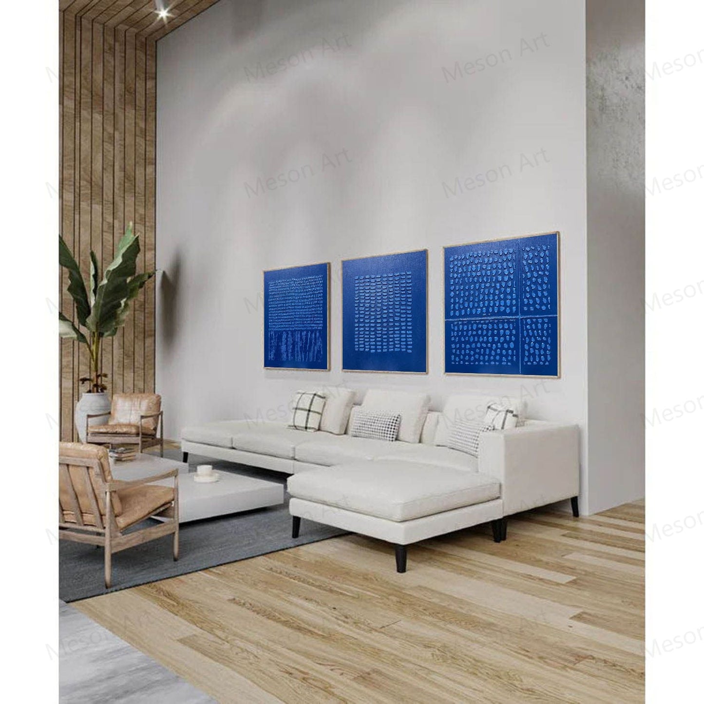 Contemporary Blue Abstract Triptych Oil Painting for Modern Home Decor