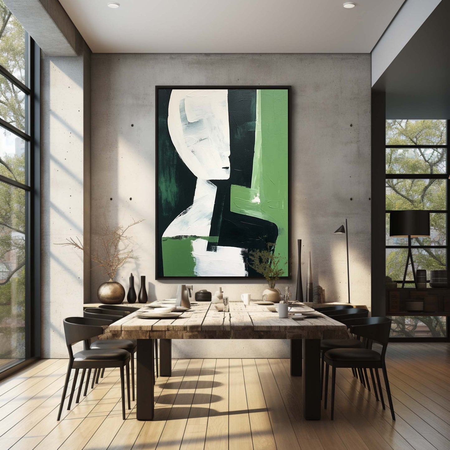 Abstract Green and White Portrait Oil Painting for Modern Home Décor
