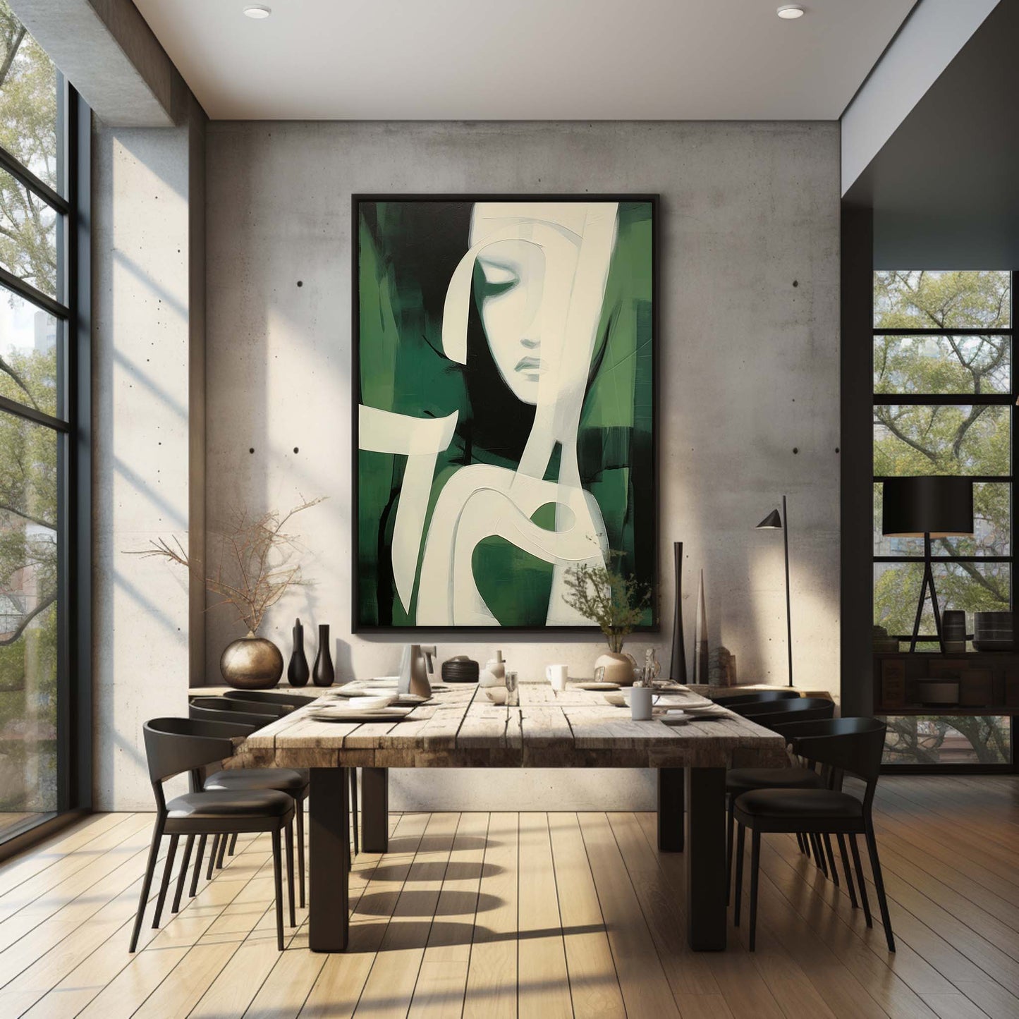 Serene Green Minimalist Oil Painting of Abstract Feminine Form