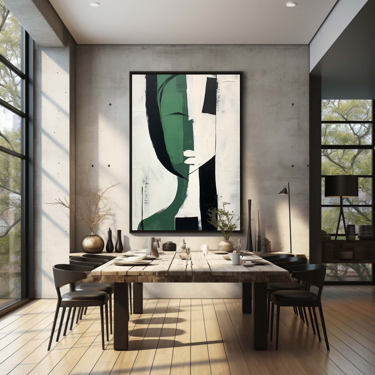 Modern Abstract Green and Black Minimalist Oil Painting for Contemporary Decor